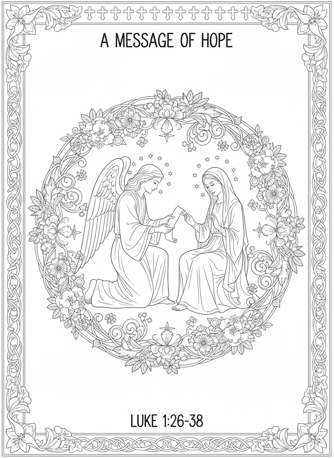 Un ange délivrant un message d'espoir, page à colorier pour la fête de l'Annonciation dans un style de journal biblique pour adultes.