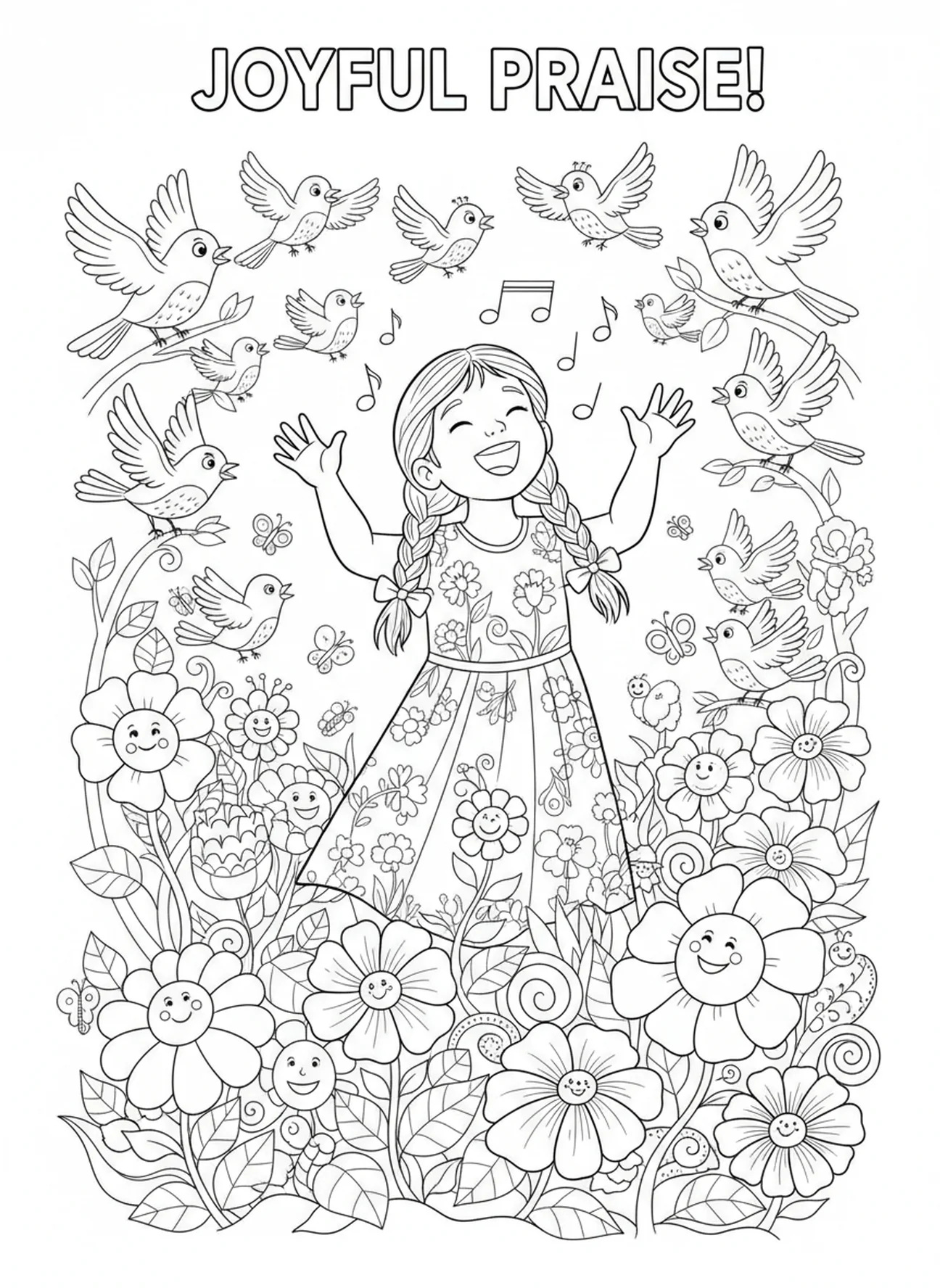 Maria singt voller Freude, Ausmalbild zum Fest der Verkündigung für Kinder im Alter von 5-10 Jahren.