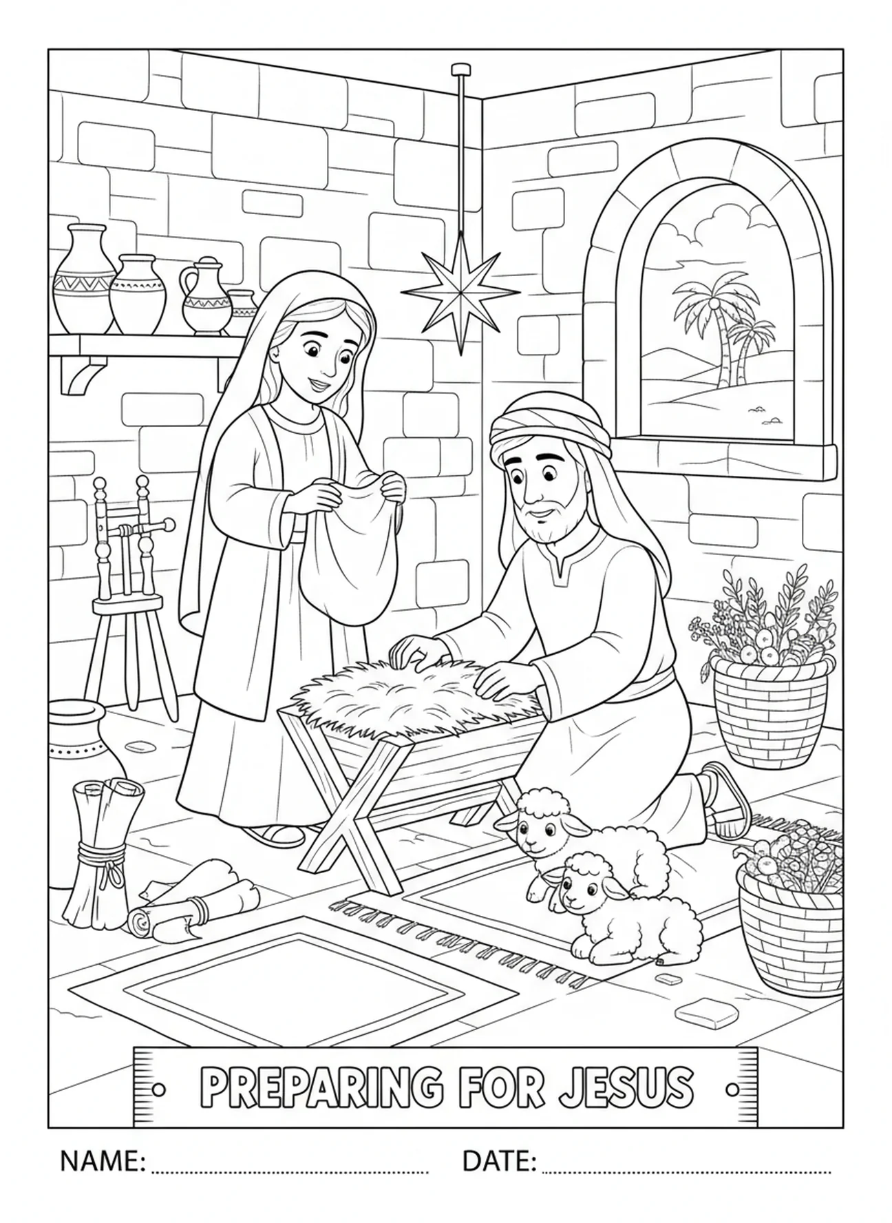 Josef und Maria bereiten sich auf Jesus vor, Ausmalbild zum Fest der Verkündigung für Kinder in der Sonntagsschule im Alter von 5-12 Jahren