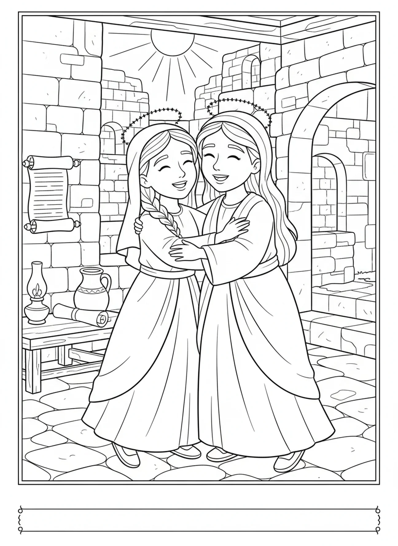 Maria besucht Elisabeth, Ausmalbild zum Fest der Verkündigung für Kinder in der Sonntagsschule im Alter von 5-12 Jahren
