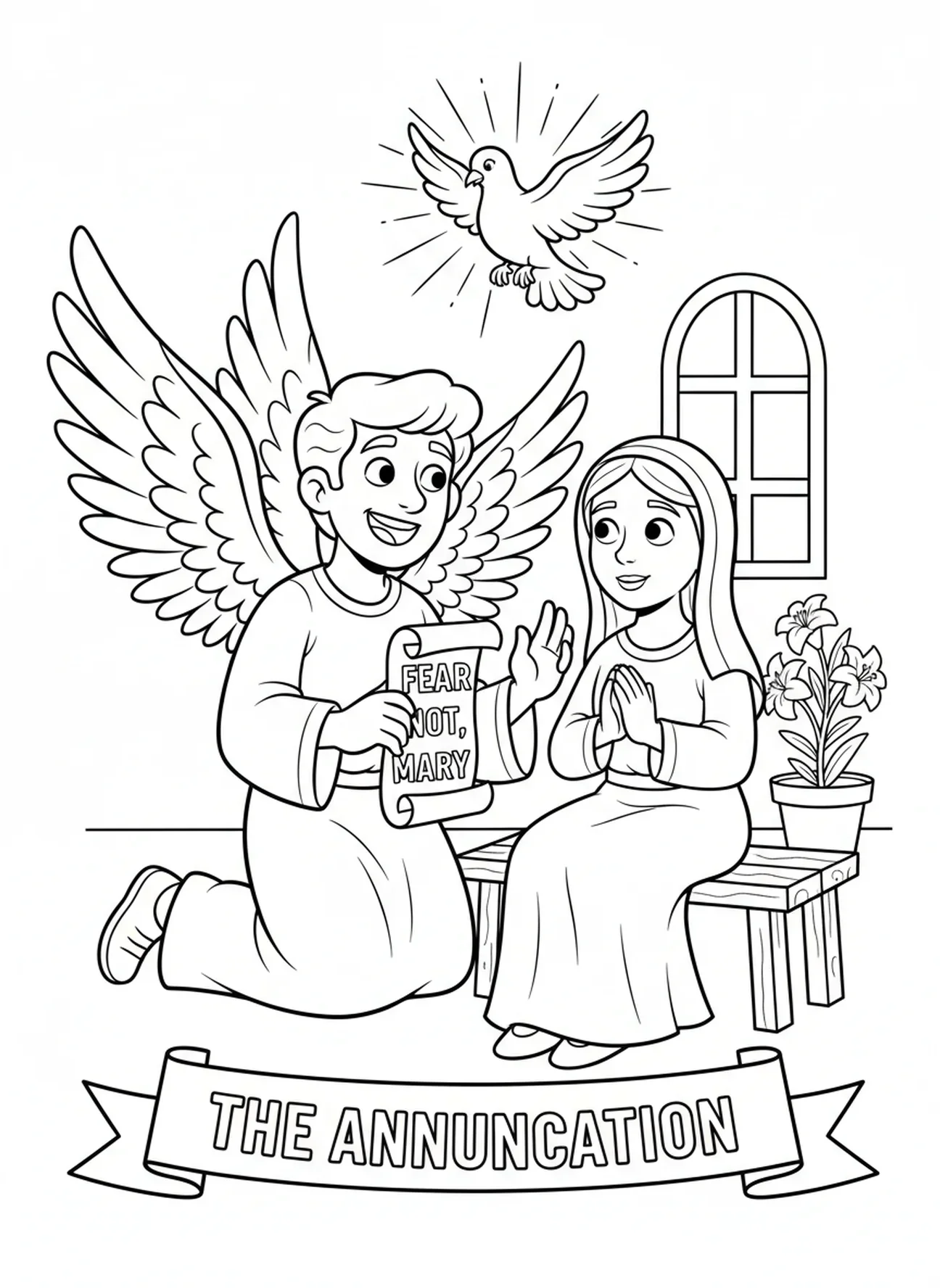 Anjo trazendo a mensagem, página para colorir da Festa da Anunciação para crianças de 5 a 10 anos