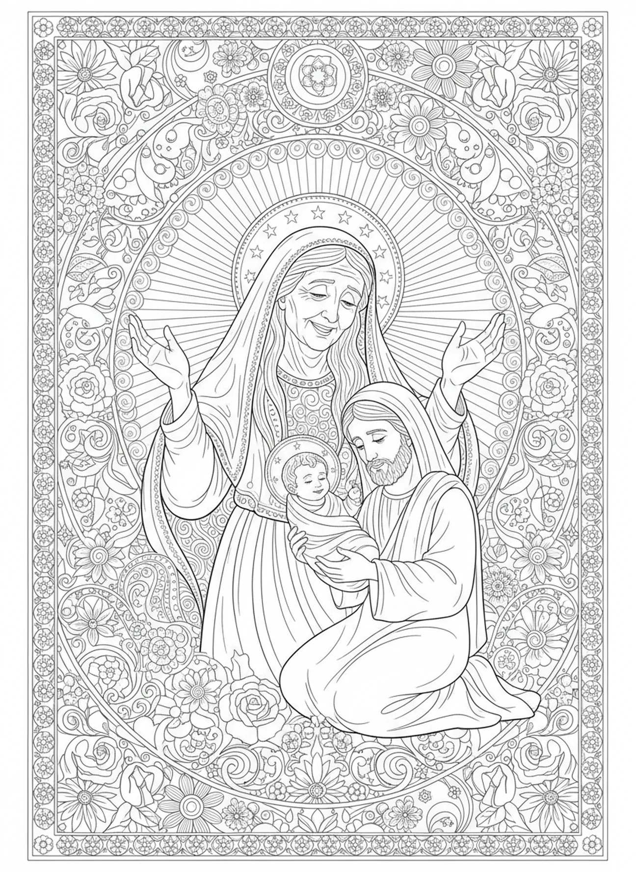 Anne la prophétesse louant Dieu avec Jésus, page à colorier de la Chandeleur pour le style de journal biblique pour adultes