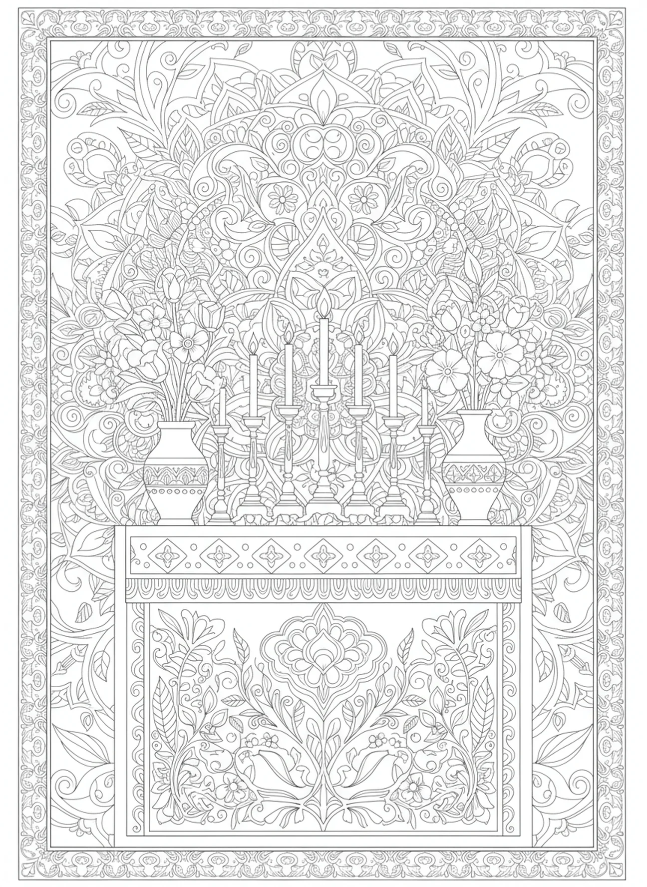 Autel décoré avec des bougies allumées, page à colorier de la Chandeleur pour adultes dans un style de journal biblique