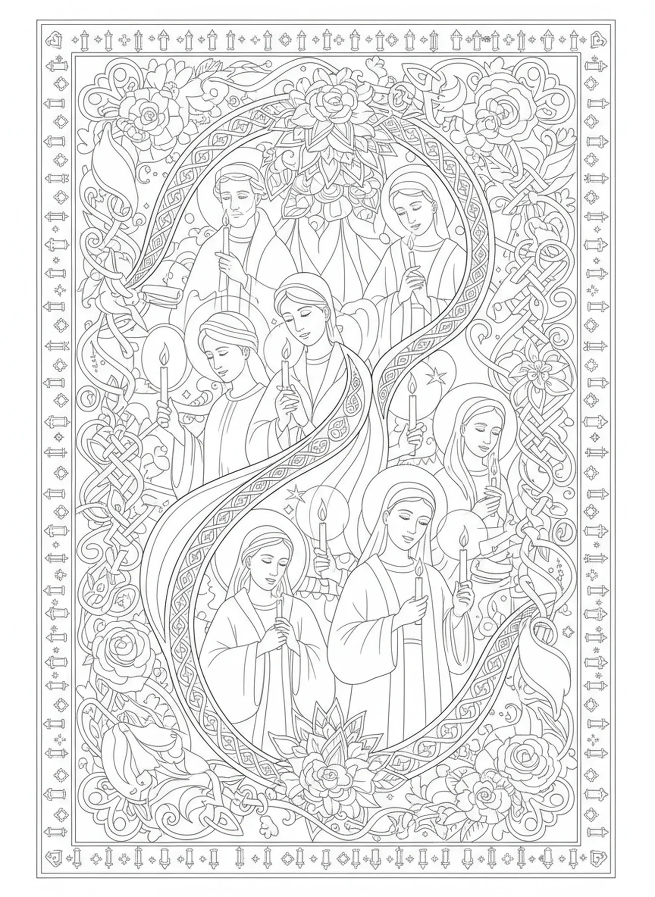 Personnes célébrant la Chandeleur avec des bougies, page à colorier de la Chandeleur pour adultes dans le style du journal biblique