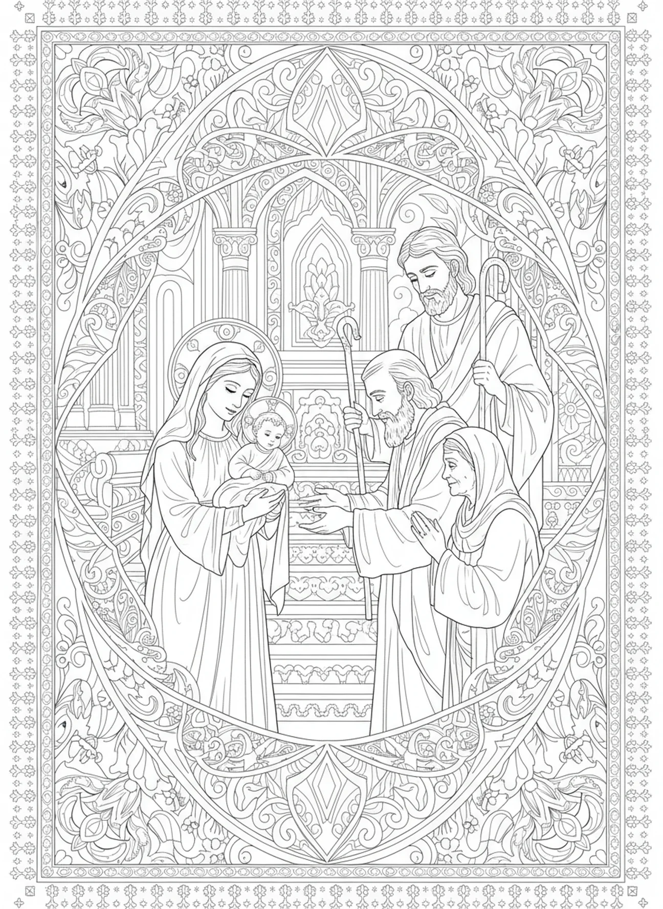 Marie et Joseph présentant Jésus au temple, page à colorier de la Chandeleur pour adultes dans un style de journal biblique