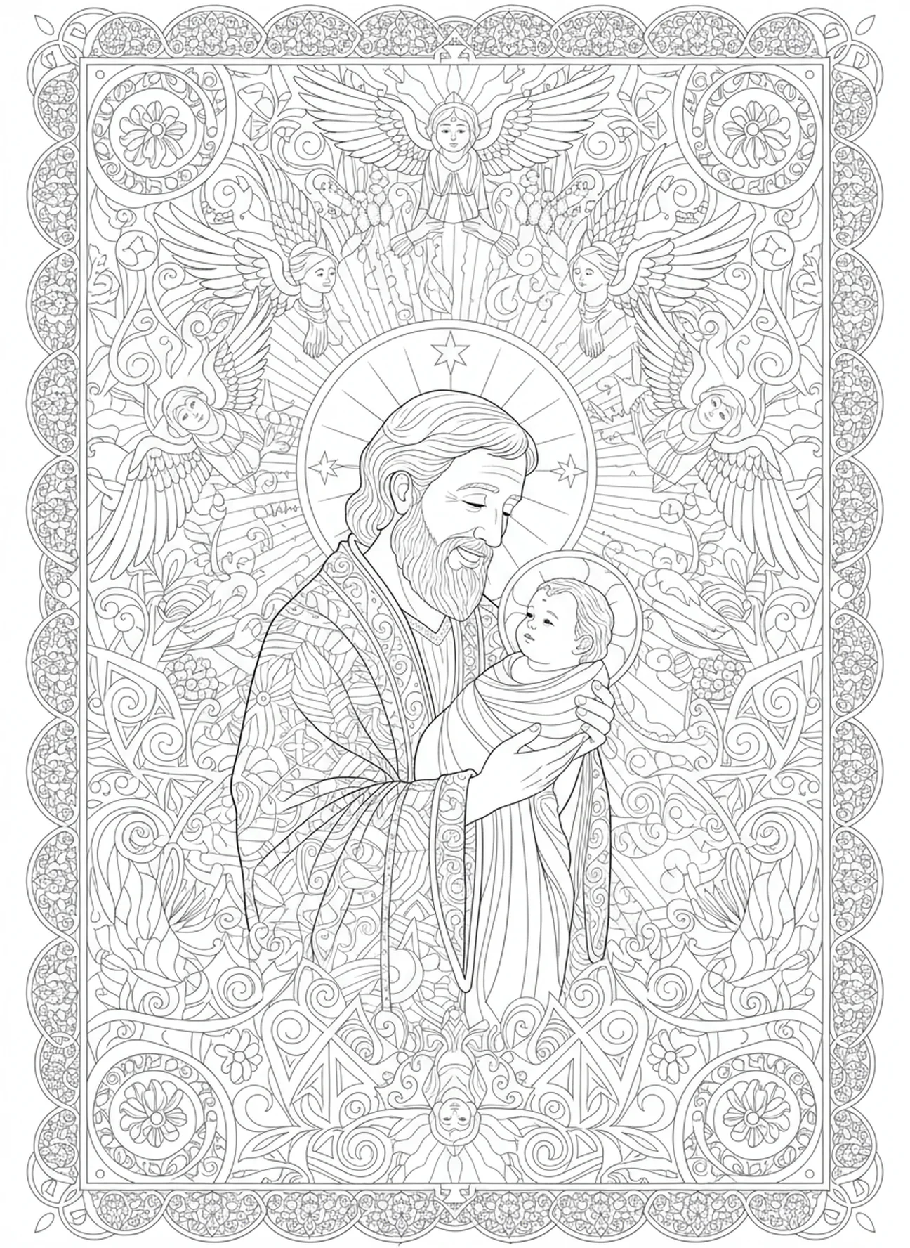 Simeon tenant le bébé Jésus dans le temple, page à colorier de la Chandeleur pour adultes dans un style de journal biblique