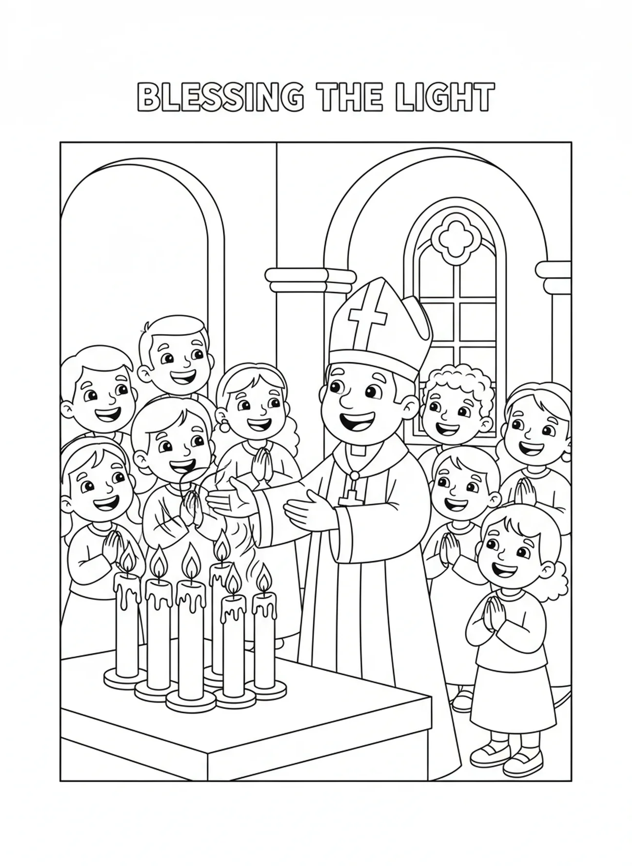Sacerdote bendiciendo velas en el templo, página para colorear de la Candelaria para niños de 5 a 10 años