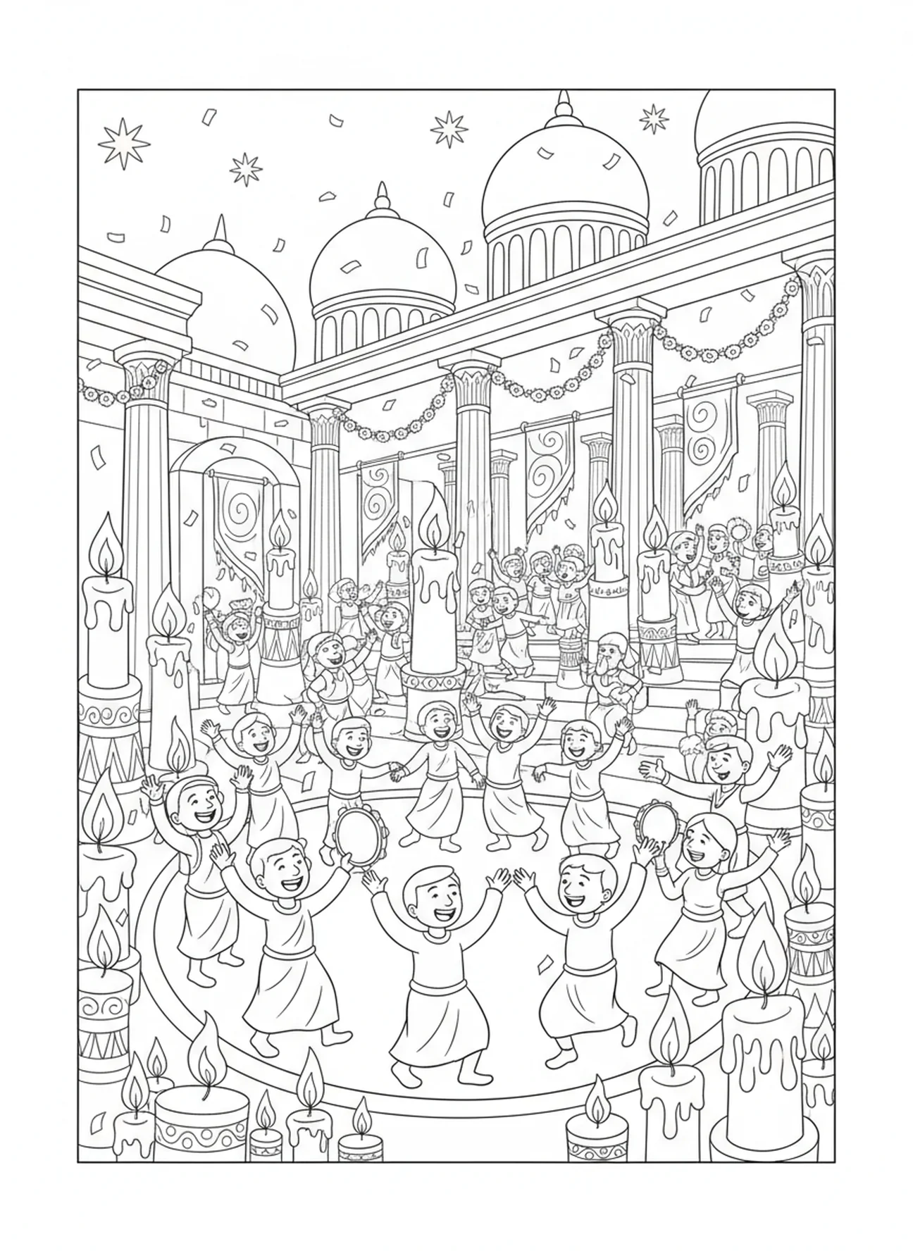 Personas celebrando en el templo, página para colorear de la Candelaria para niños de 5 a 10 años