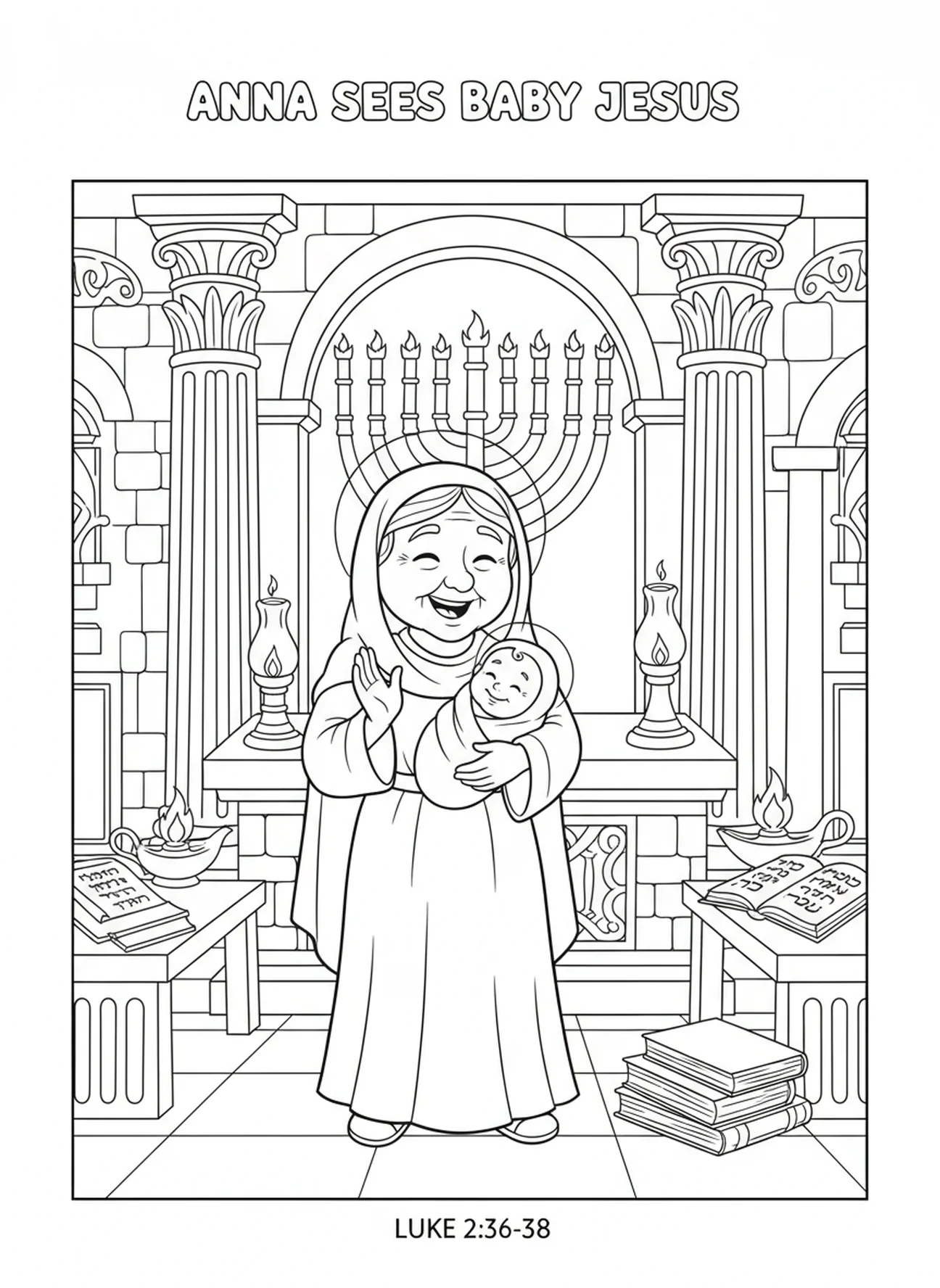 Anne priant dans le temple, page à colorier pour les enfants de l'École du dimanche âgés de 5 à 12 ans.