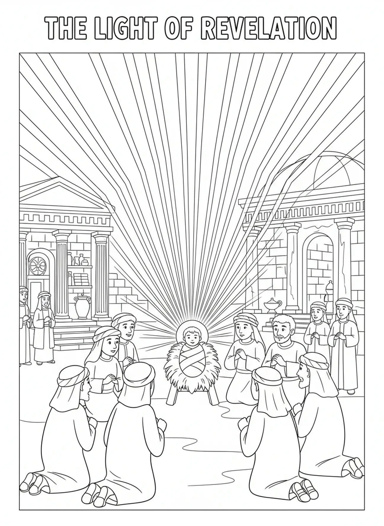 Jésus entouré de lumière, page à colorier de la Chandeleur pour les enfants de l'École du dimanche âgés de 5 à 12 ans.