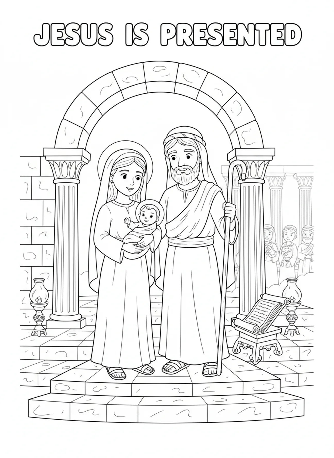 Joseph et Marie présentant Jésus, page à colorier pour l'École du dimanche destinée aux enfants de 5 à 12 ans.