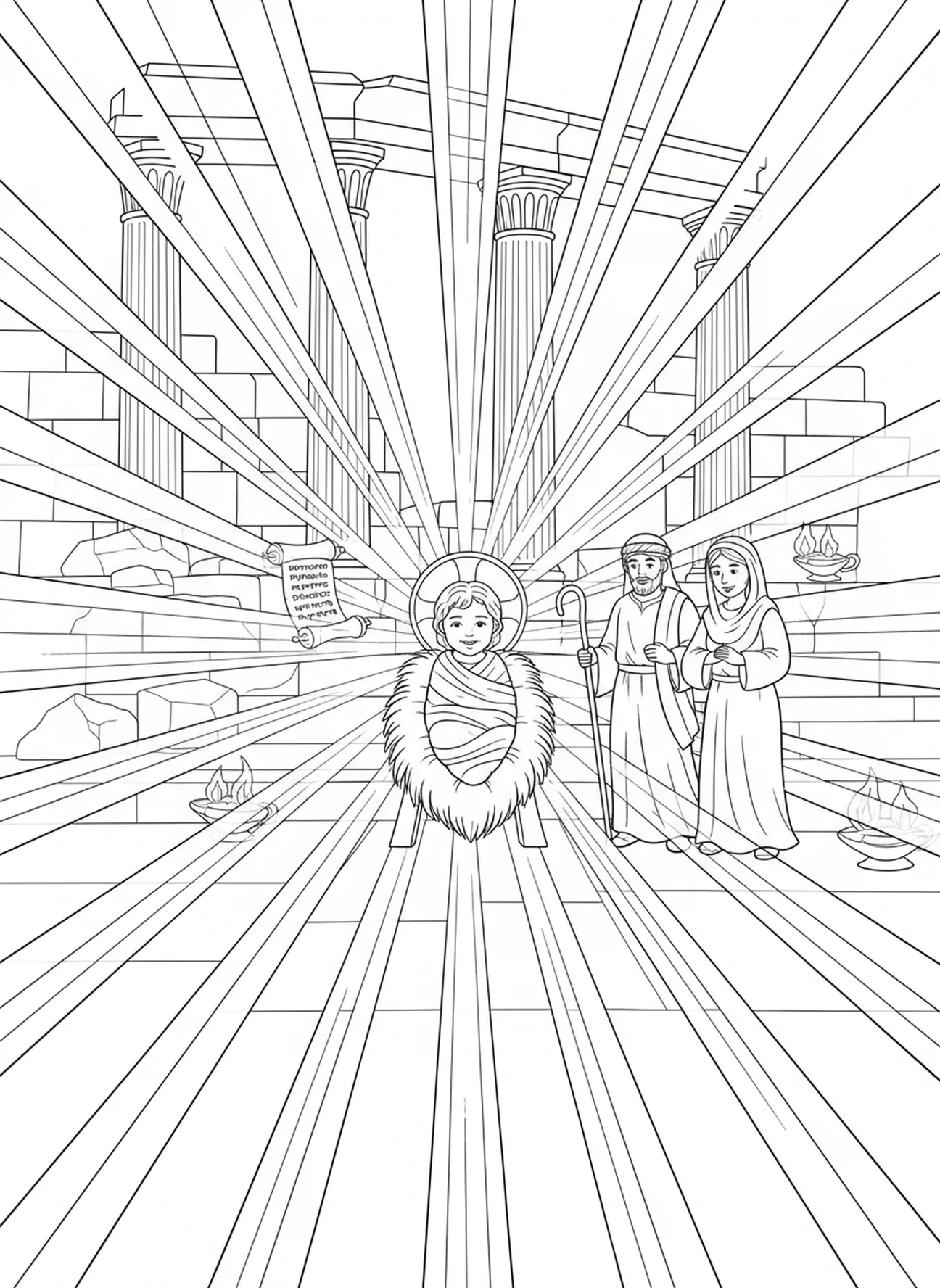 Bébé Jésus comme la lumière du monde, page à colorier pour les enfants de l'École du dimanche âgés de 5 à 12 ans.