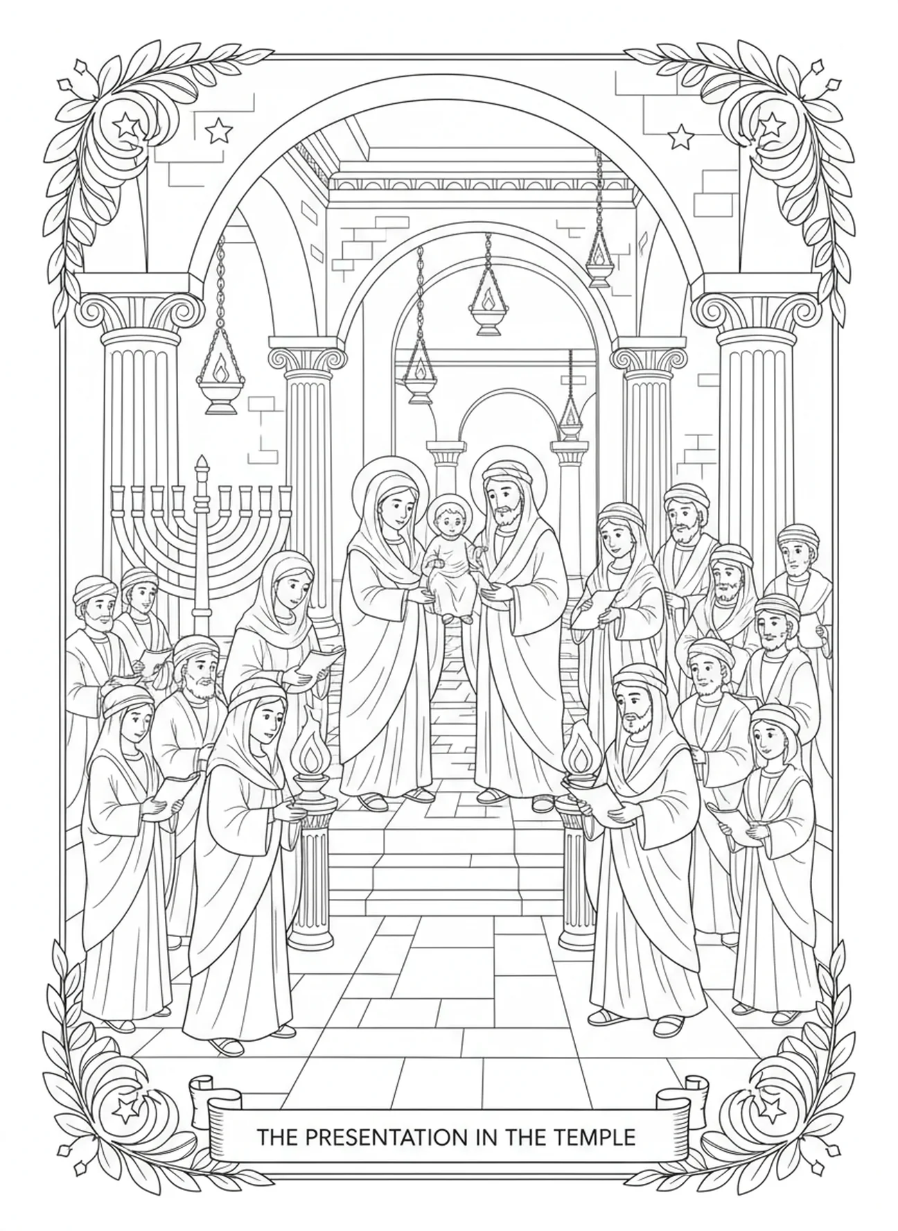 Cérémonie au temple, page à colorier de la Chandeleur pour les enfants de l'École du dimanche âgés de 5 à 12 ans.