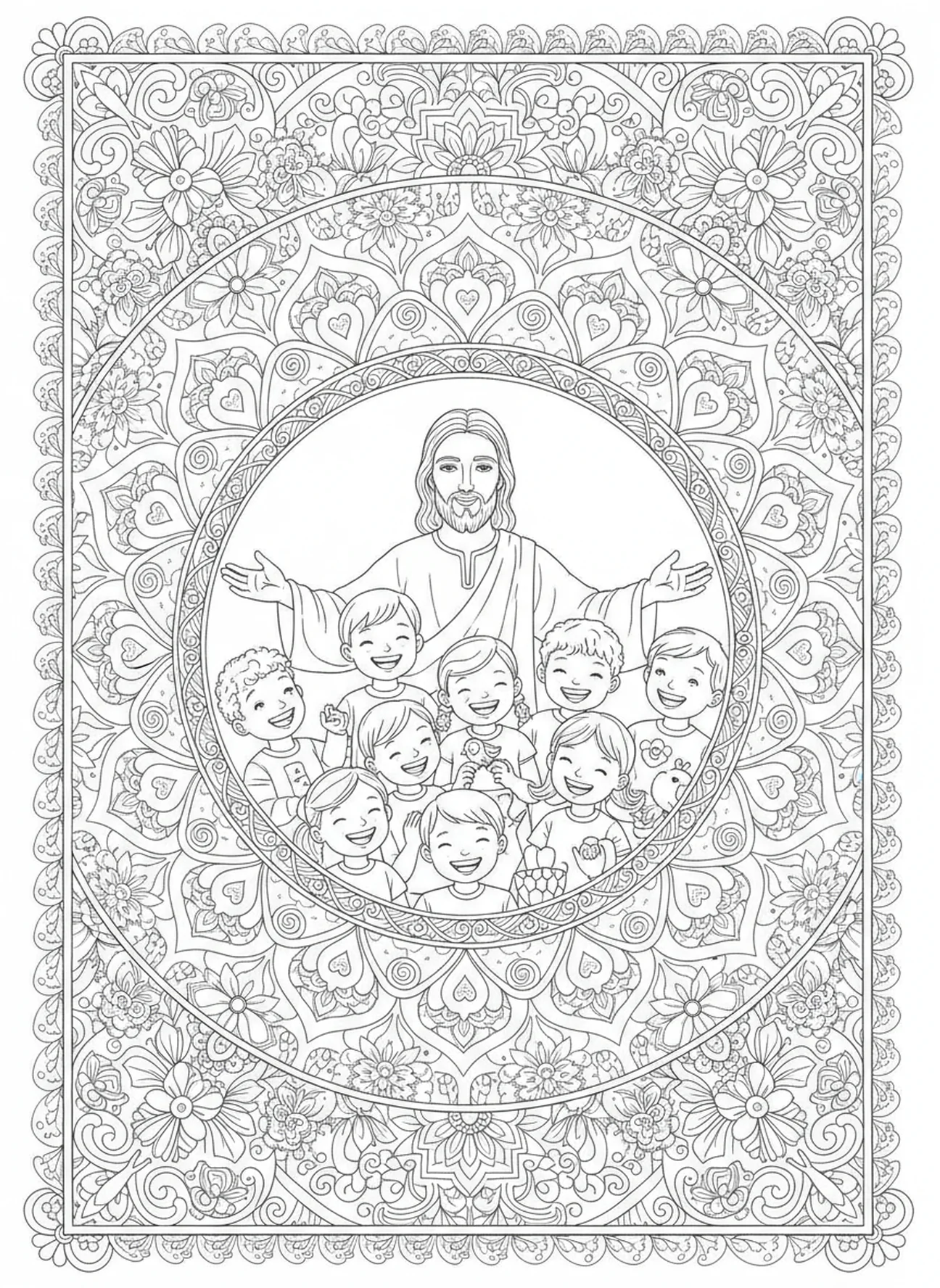 Cristo interactuando con niños, página para colorear de Cristo Rey para adultos en estilo de journaling bíblico.