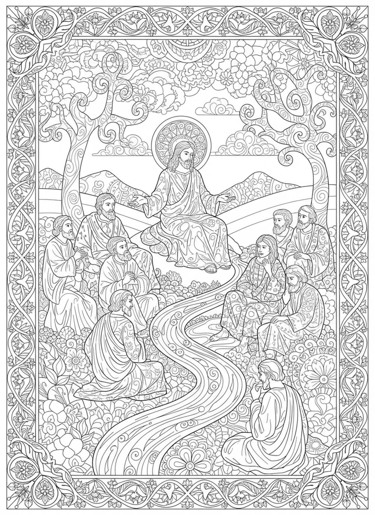 Cristo enseñando a sus discípulos, página para colorear del Domingo de Cristo Rey en estilo de journaling bíblico para adultos.