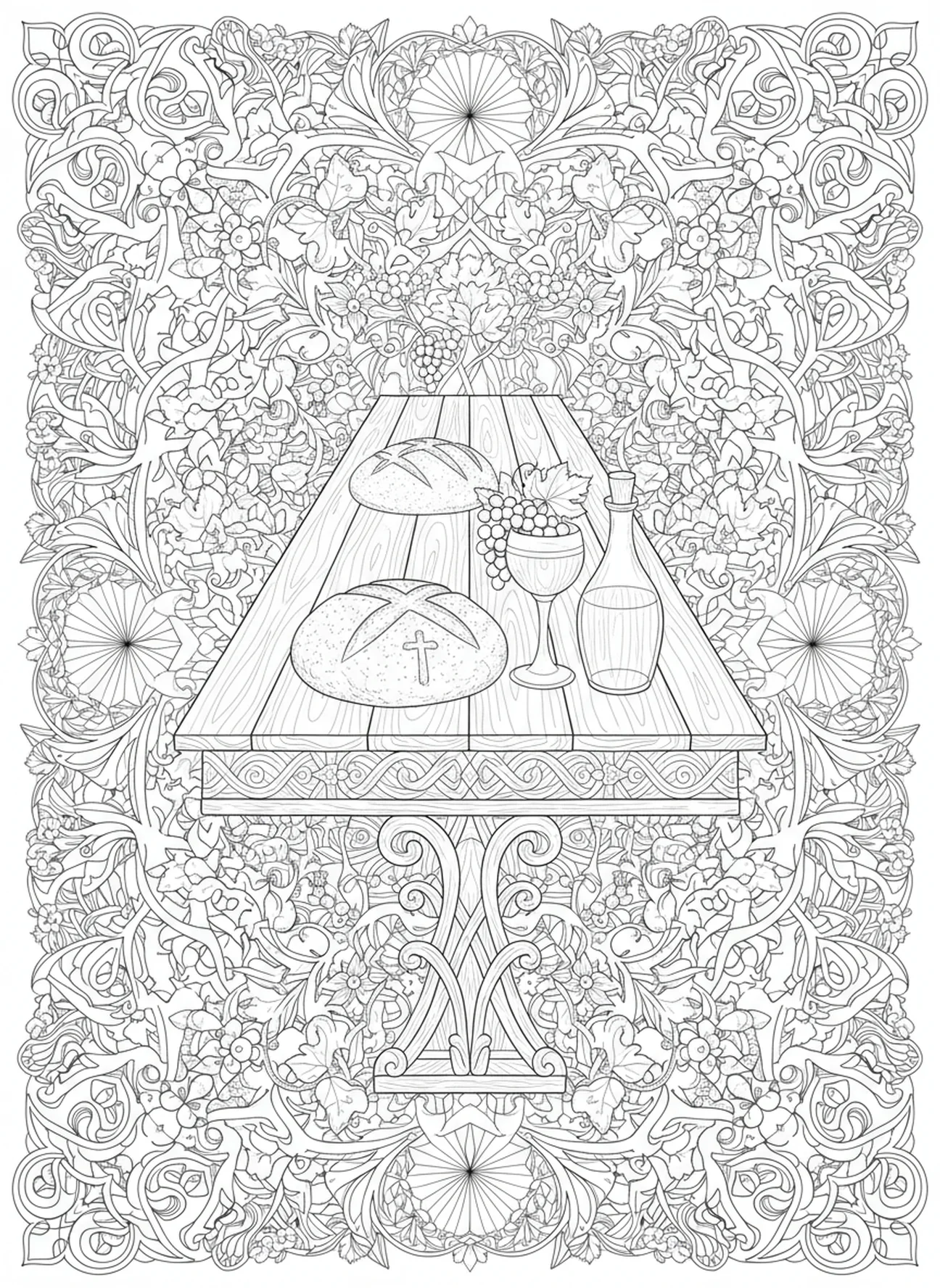 Símbolos de pan y vino, página para colorear del Domingo de Cristo Rey en estilo de journaling bíblico para adultos.