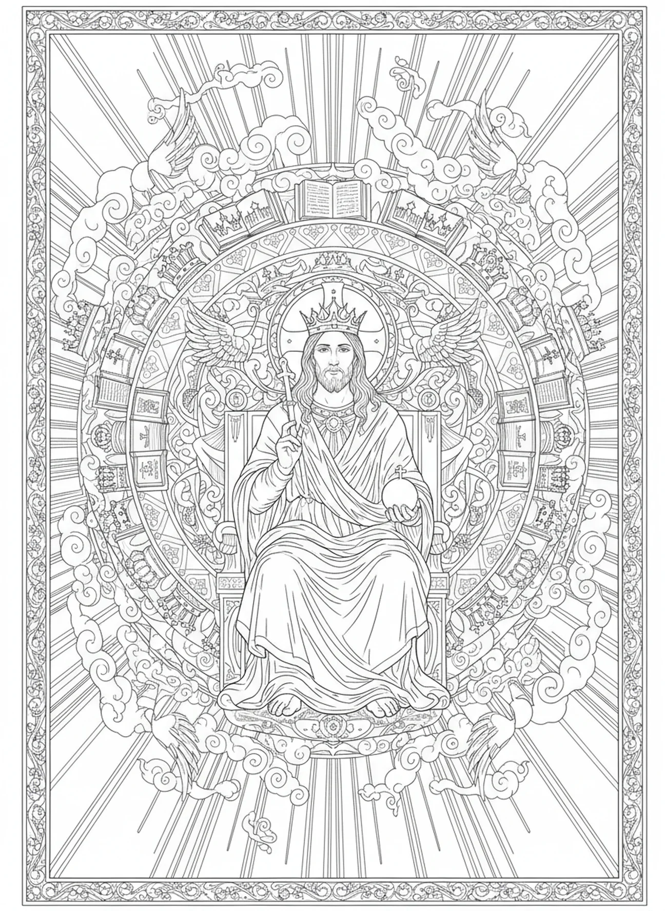 Cristo como Rey de Reyes, página para colorear del Domingo de Cristo Rey en estilo de journaling bíblico para adultos.