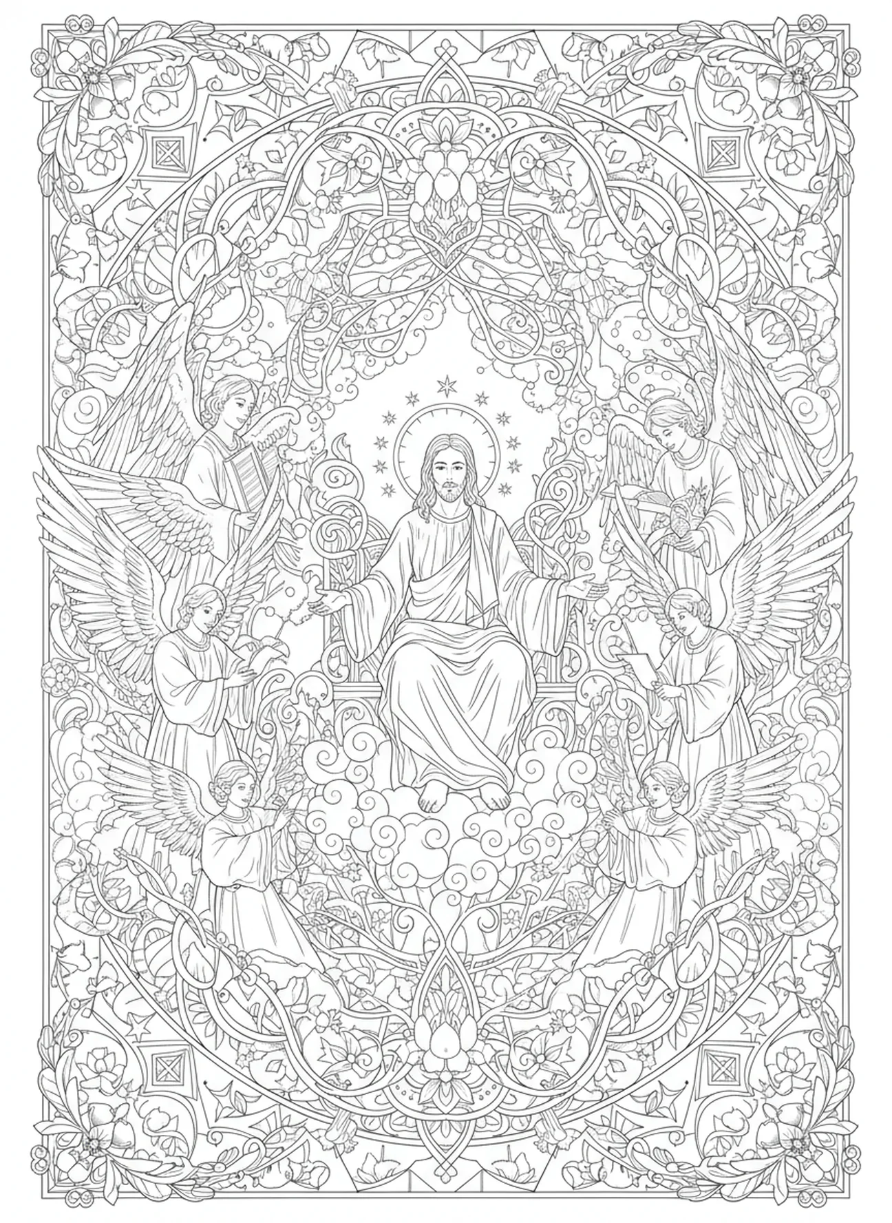Cristo sentado en un trono celestial, página para colorear de Cristo Rey para adultos en estilo de journaling bíblico.