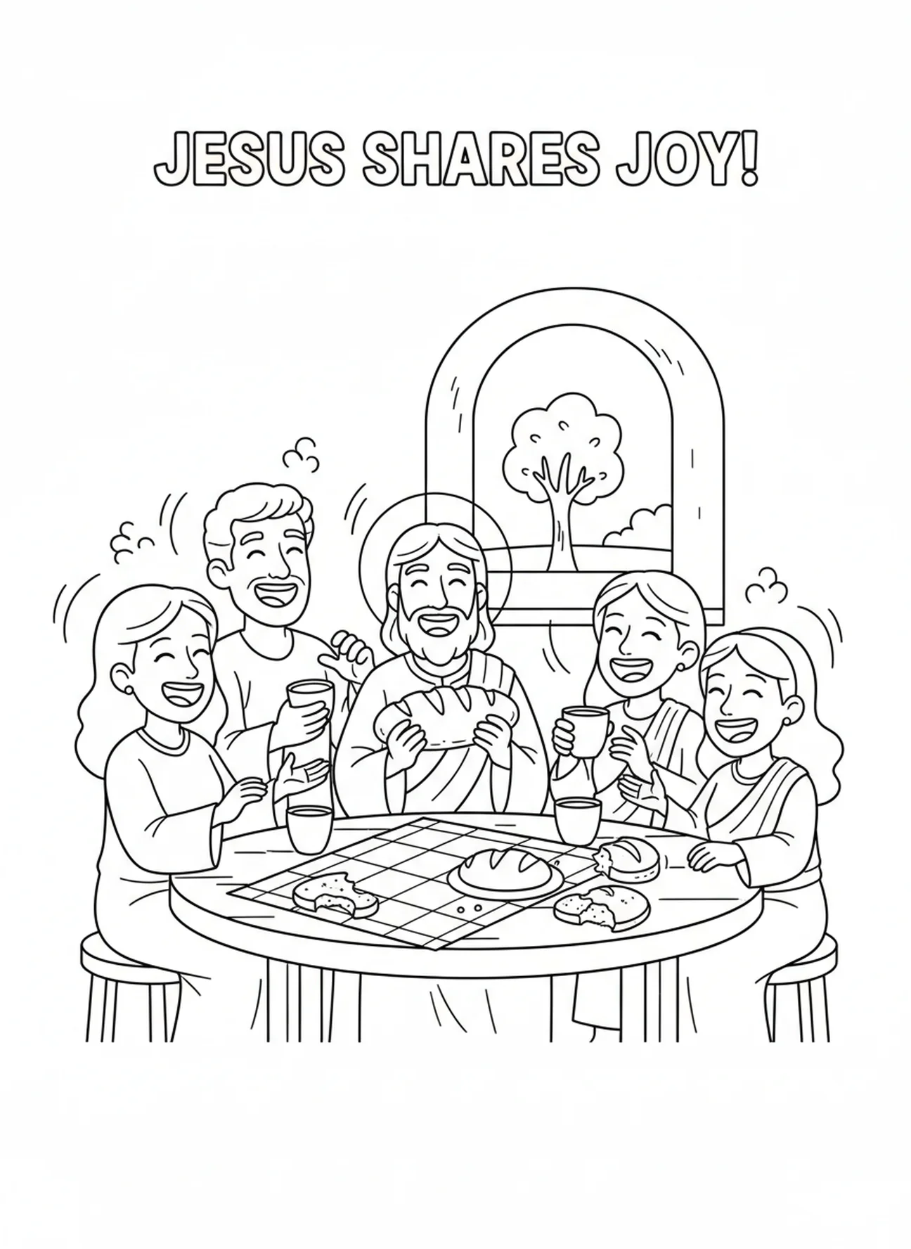 Jesus an einem Esstisch, Ausmalbild zum Christkönigssonntag für Kinder im Alter von 5-10 Jahren