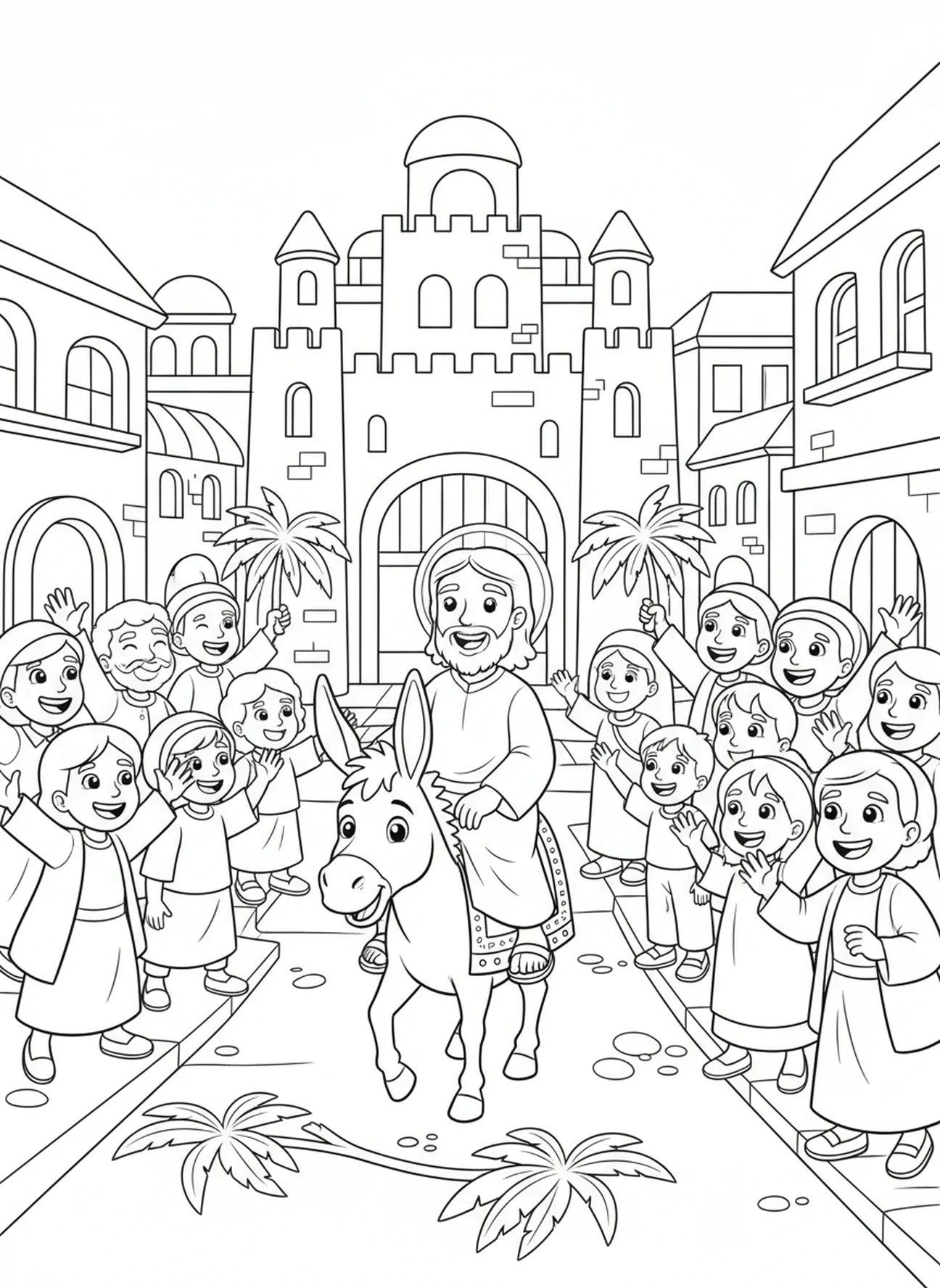Jesus auf einem Esel, Ausmalbild für den Christkönigssonntag für Kinder im Alter von 5-10 Jahren