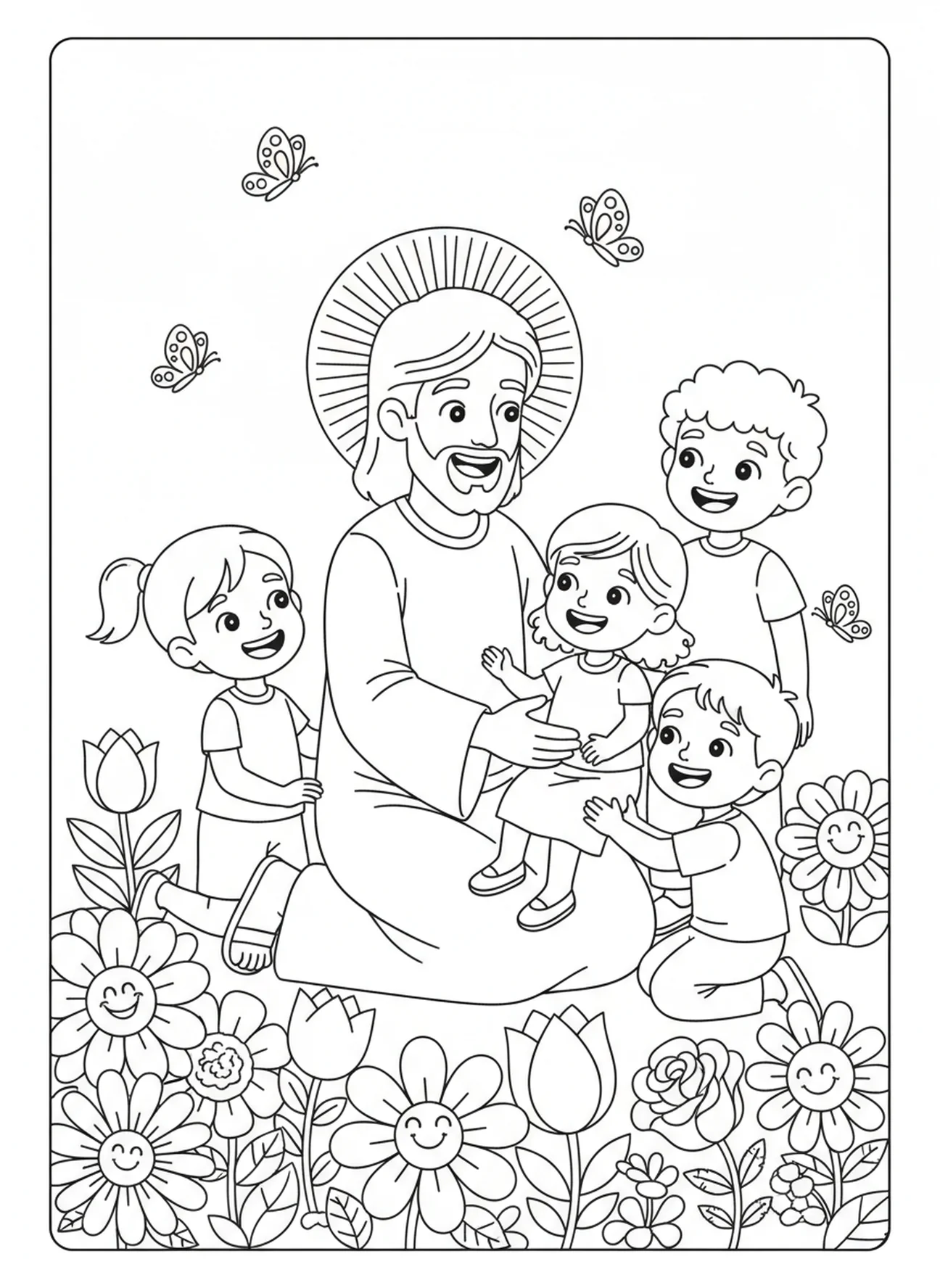 Jesus segnet Kinder, Ausmalbild für den Christkönigssonntag für Kinder im Alter von 5-10 Jahren