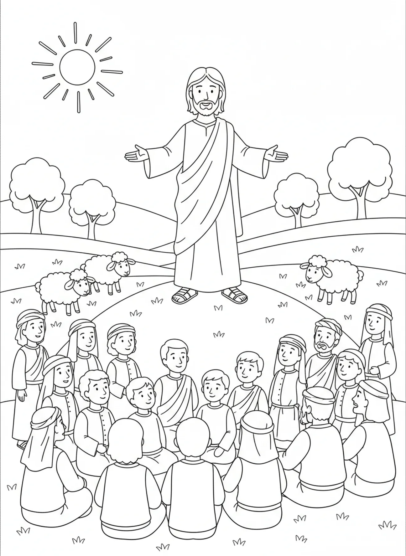 Jesus lehrt eine Menschenmenge, Ausmalbild für den Christkönigssonntag für Kinder im Alter von 5-10 Jahren