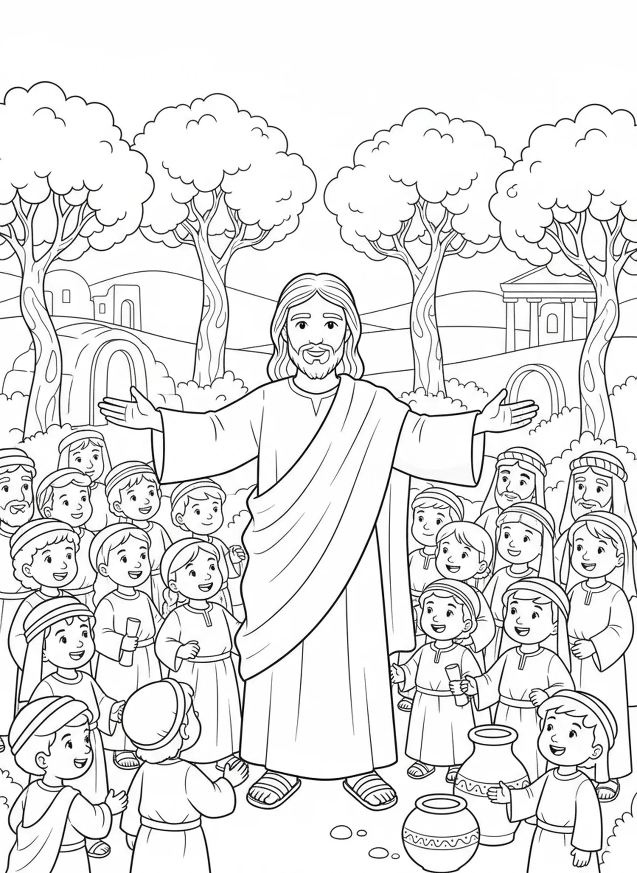 Jesus segnet seine Anhänger, Ausmalbild für Christkönigssonntag für Kinder in der Sonntagsschule im Alter von 5-12 Jahren