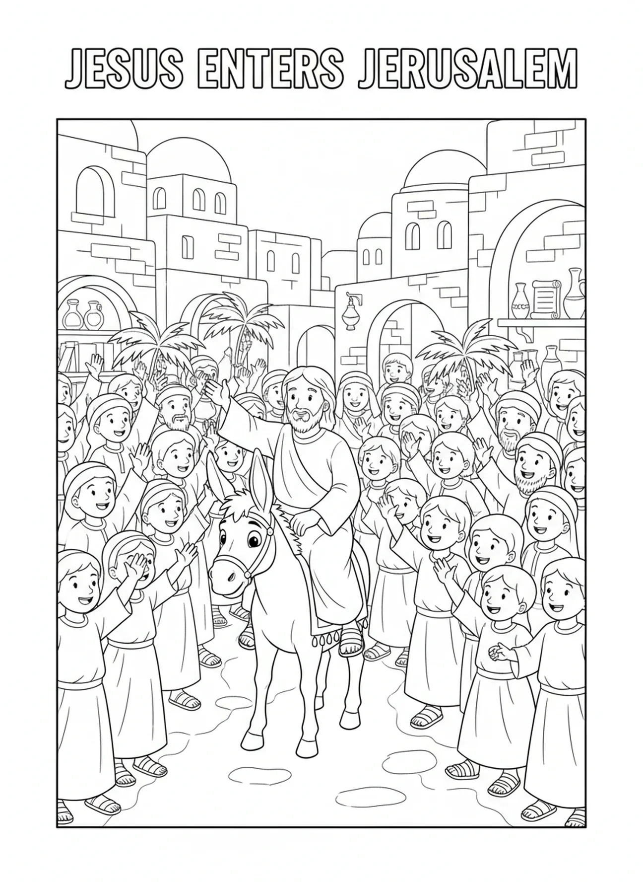 Jesus auf einem Esel, Ausmalbild für den Christkönigssonntag für Kinder in der Sonntagsschule im Alter von 5-12 Jahren