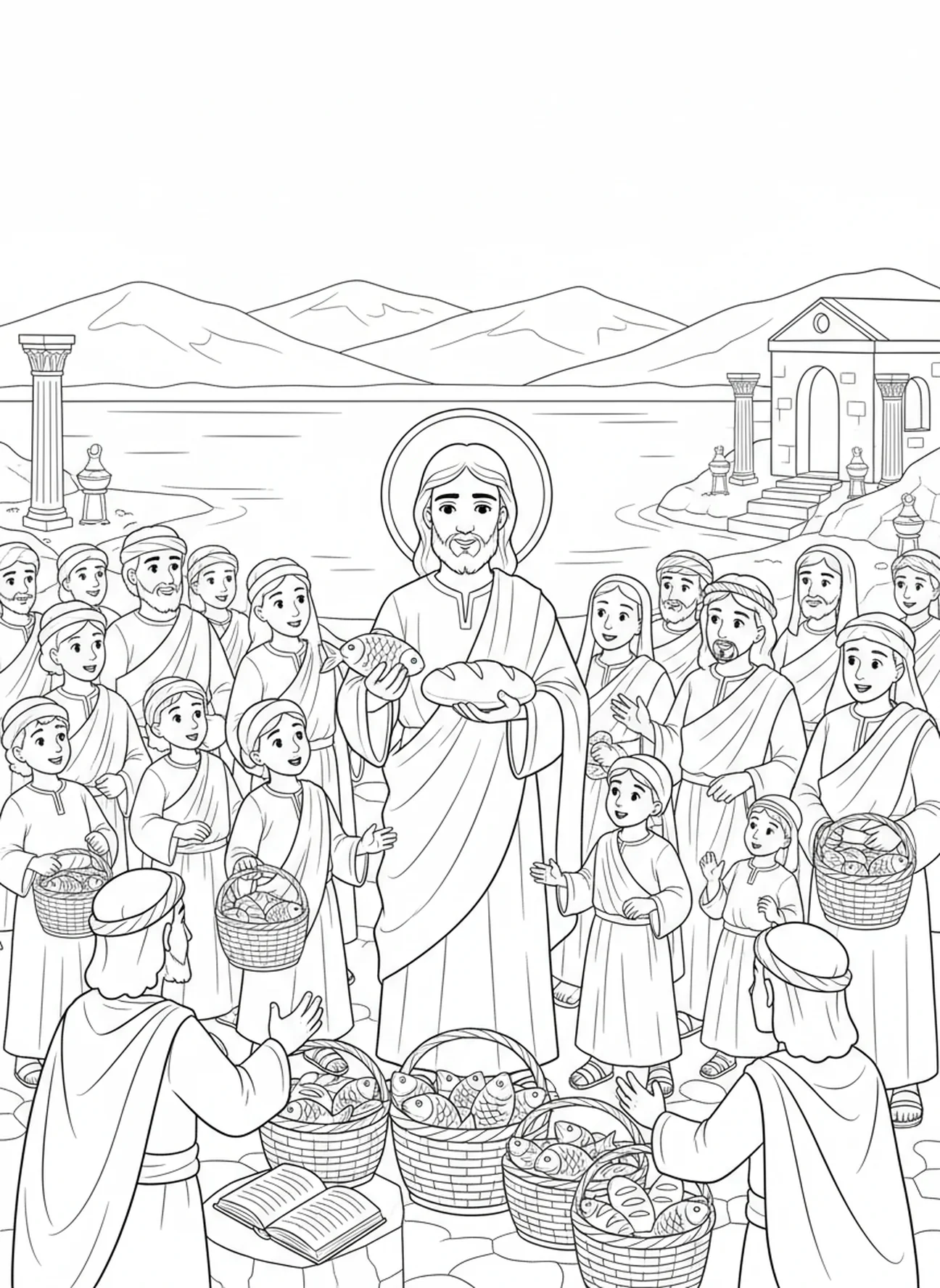 Jesus speist die Menge, Ausmalbild für den Christkönigssonntag für Kinder im Alter von 5-12 Jahren in der Sonntagsschule