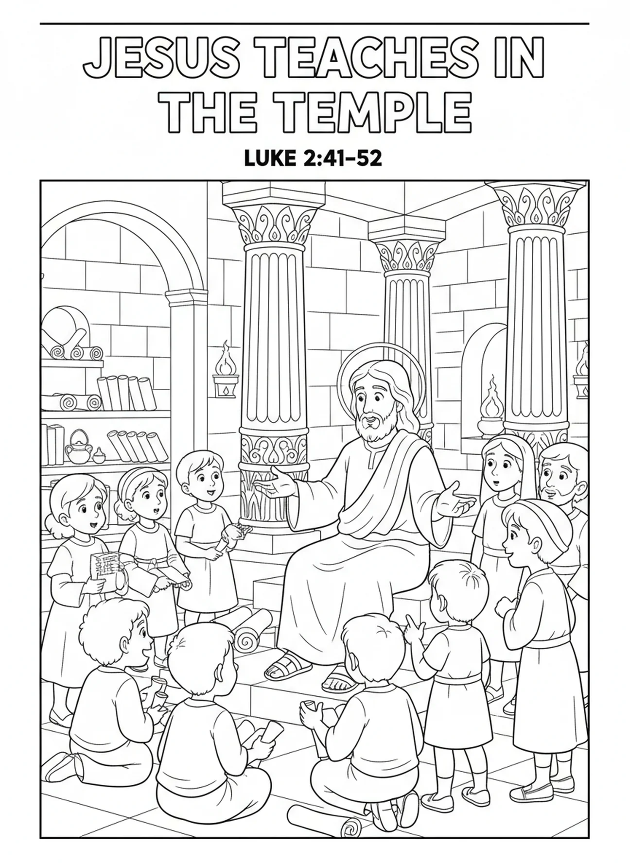 Jesus lehrt im Tempel, Ausmalbild für den Christkönigssonntag für Kinder in der Sonntagsschule im Alter von 5-12 Jahren