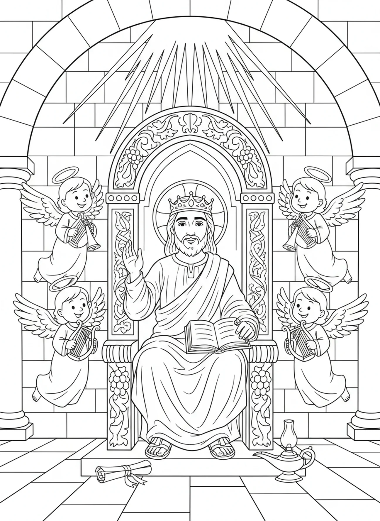 Jesus auf einem majestätischen Thron, Ausmalbild für den Christkönigssonntag für Kinder im Alter von 5-12 Jahren in der Sonntagsschule