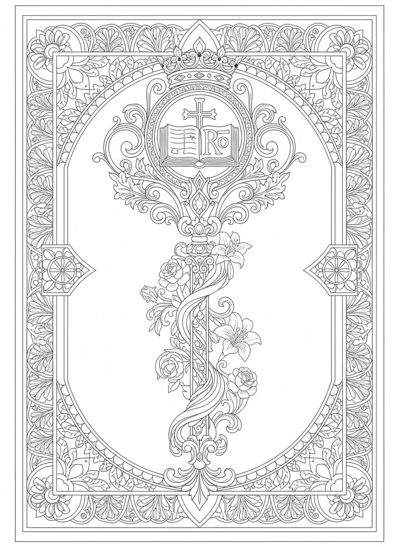 Ozdobne berło, symbol Chrystusa Króla - kolorowanka dla dorosłych w stylu dziennika biblijnego.
