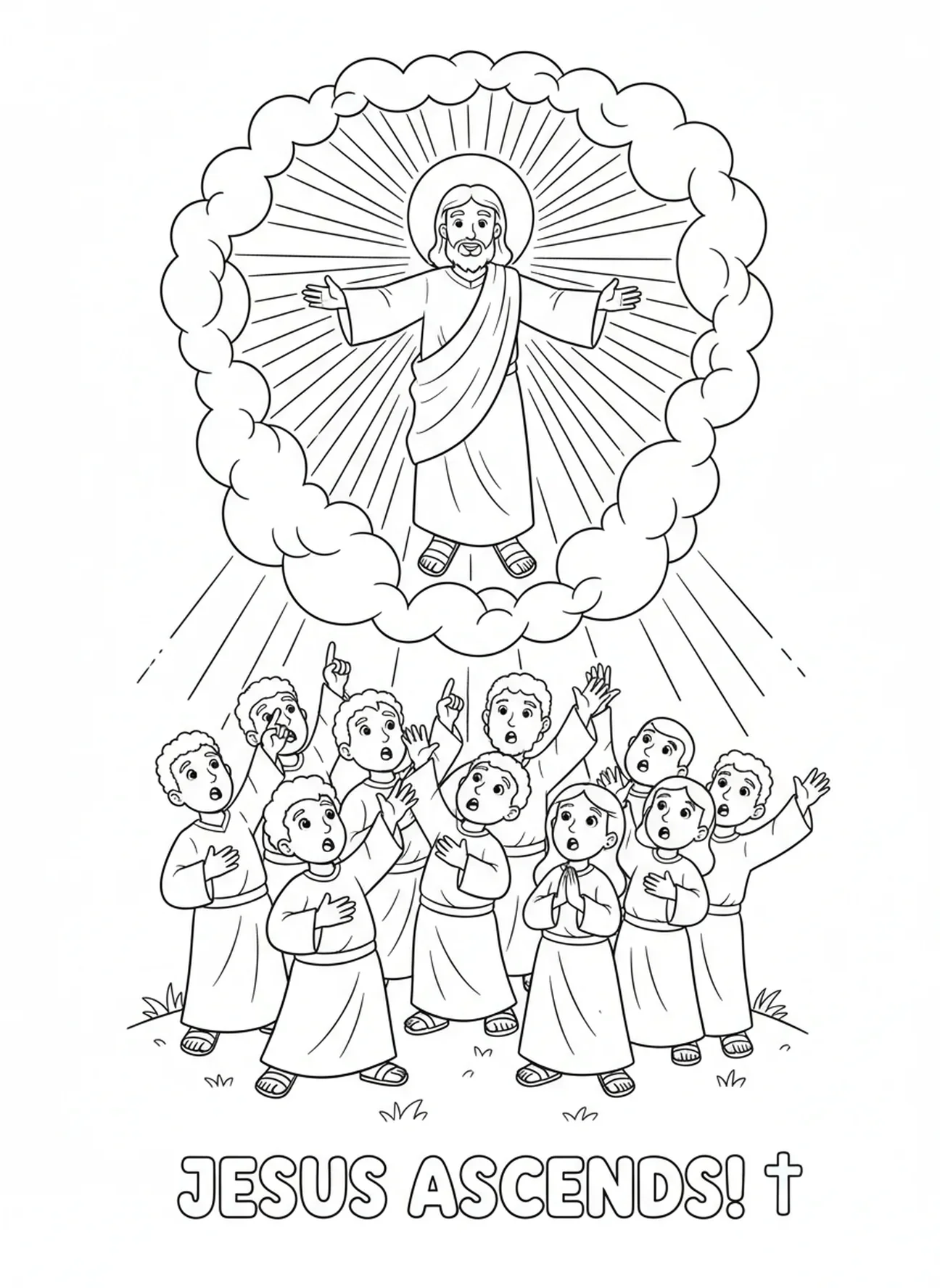 Jezus wstępujący do nieba, kolorowanka z symbolem Chrystusa Króla dla dzieci w wieku 5-10 lat