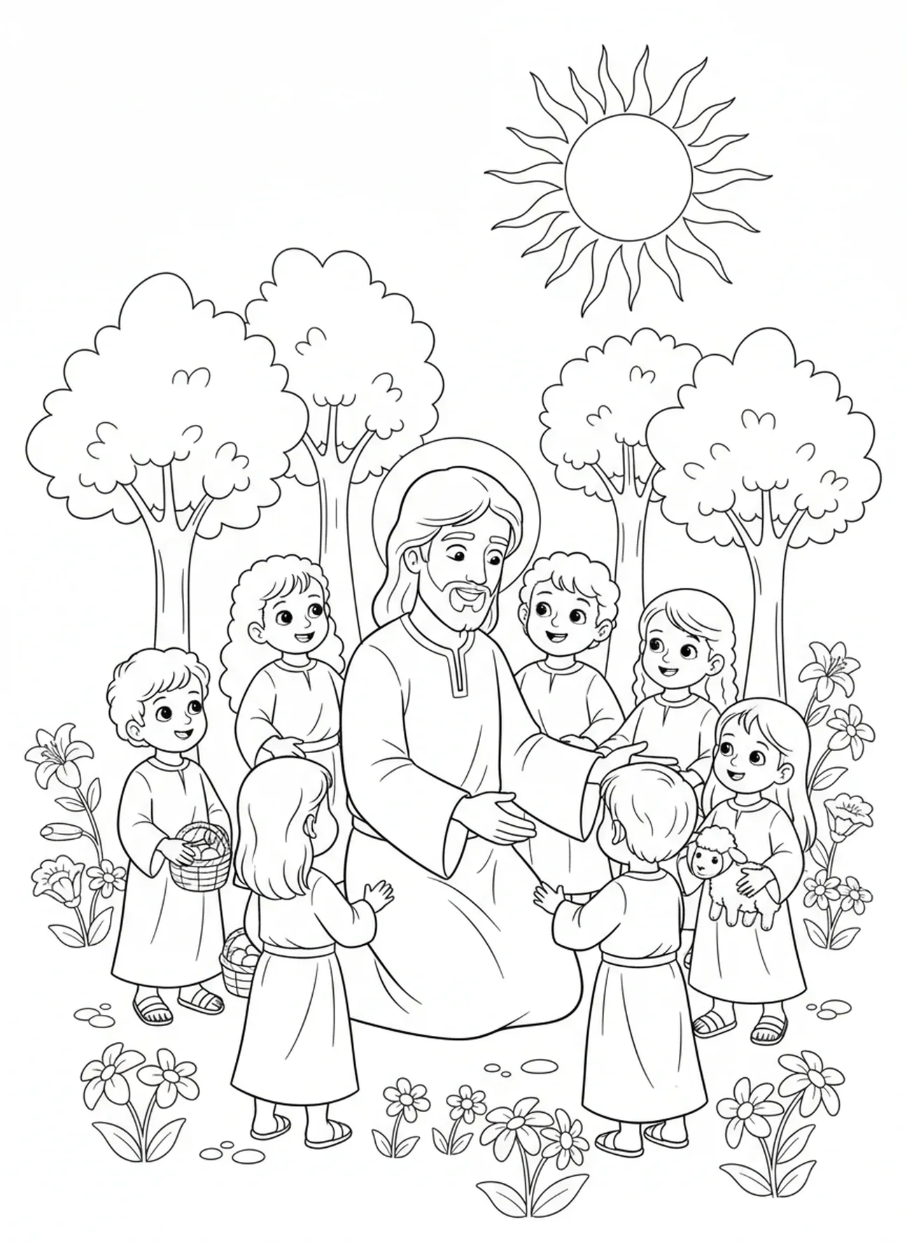 Jezus błogosławiący dzieci, kolorowanka z symbolem Chrystusa Króla dla dzieci w wieku 5-10 lat