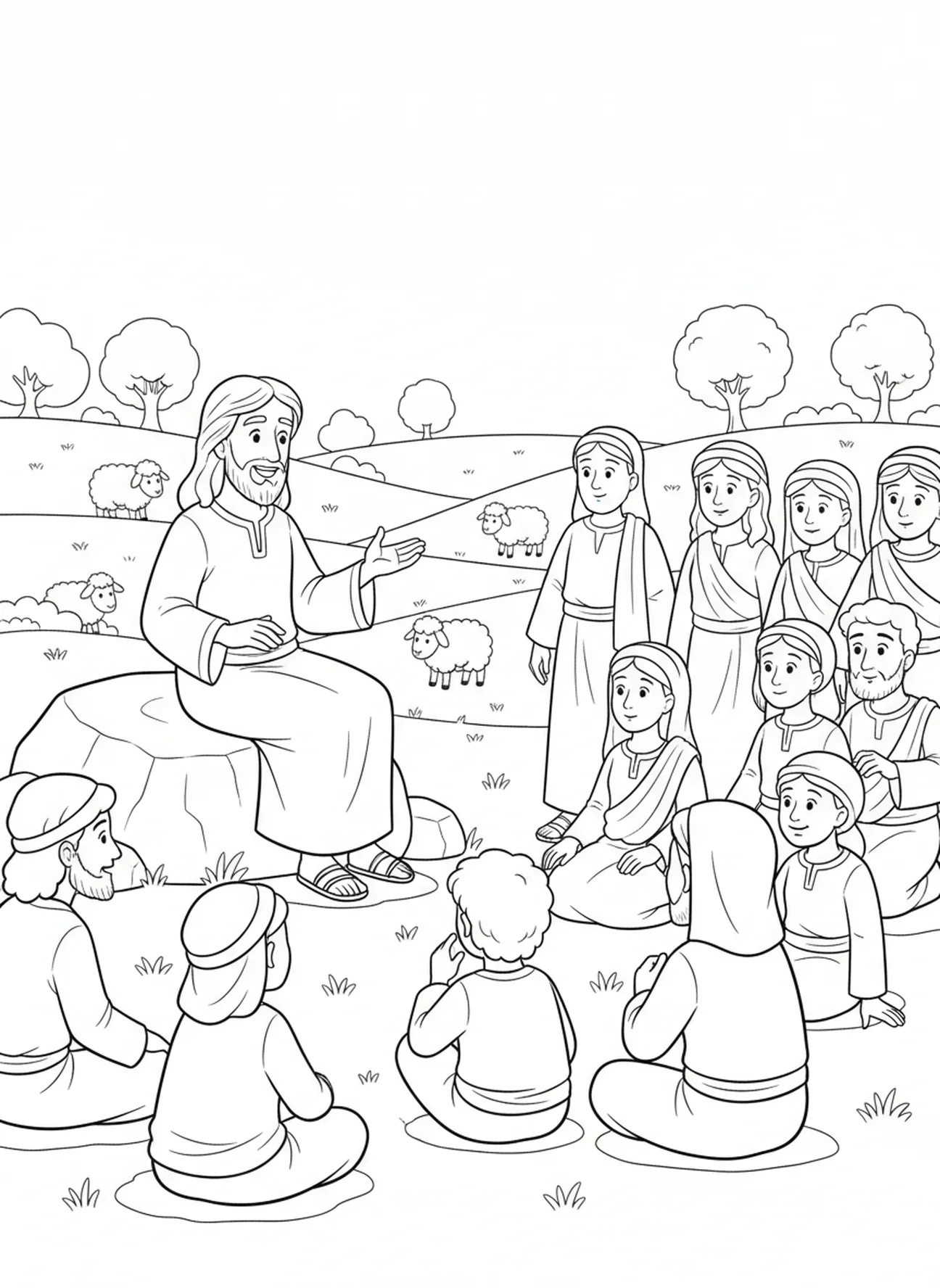 Jezus nauczający tłumy, kolorowanka z symbolem Chrystusa Króla dla dzieci w wieku 5-10 lat