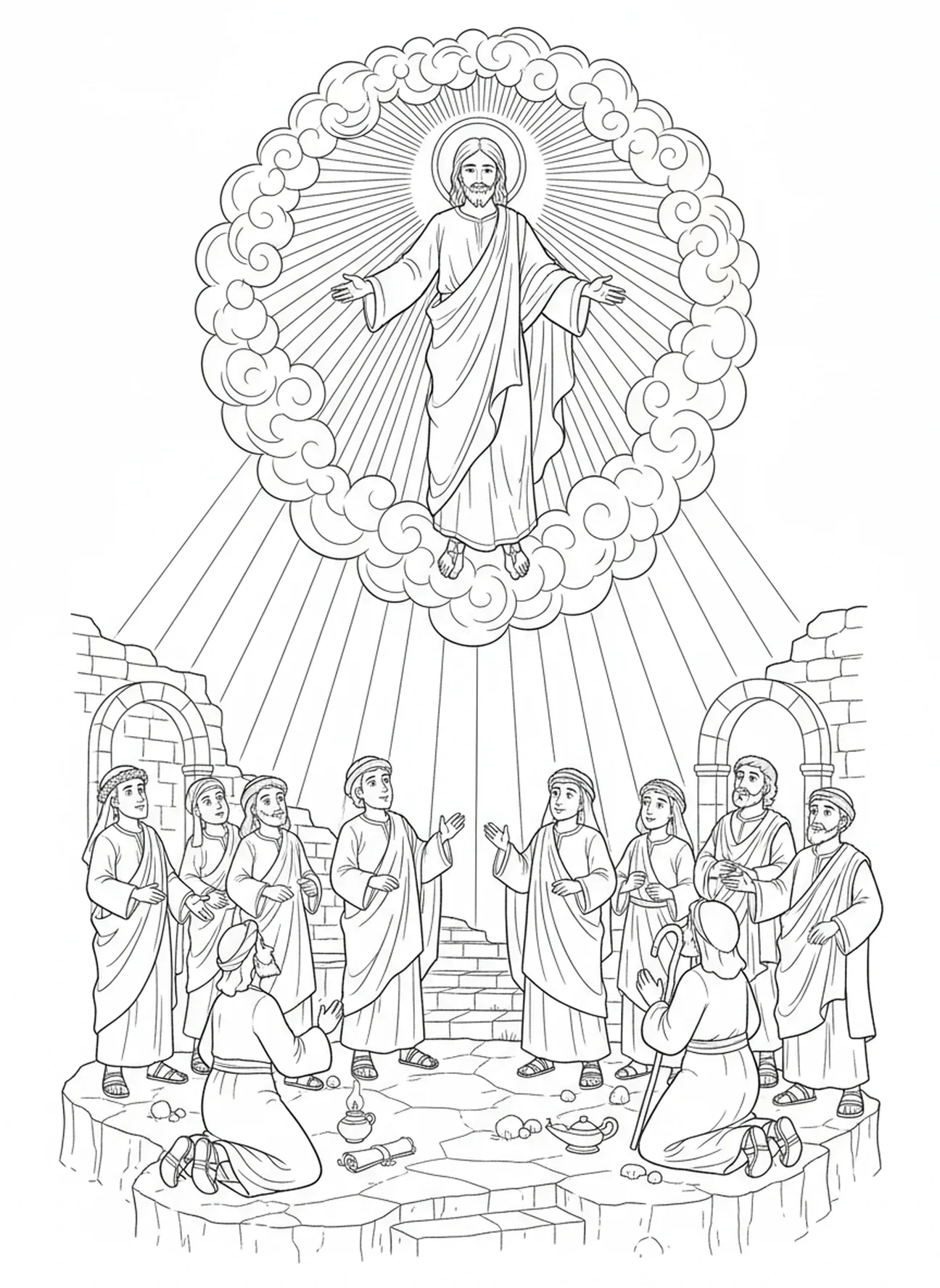 Christ montant au ciel, page à colorier du symbole du Christ Roi pour les enfants de l'École du dimanche âgés de 5 à 12 ans