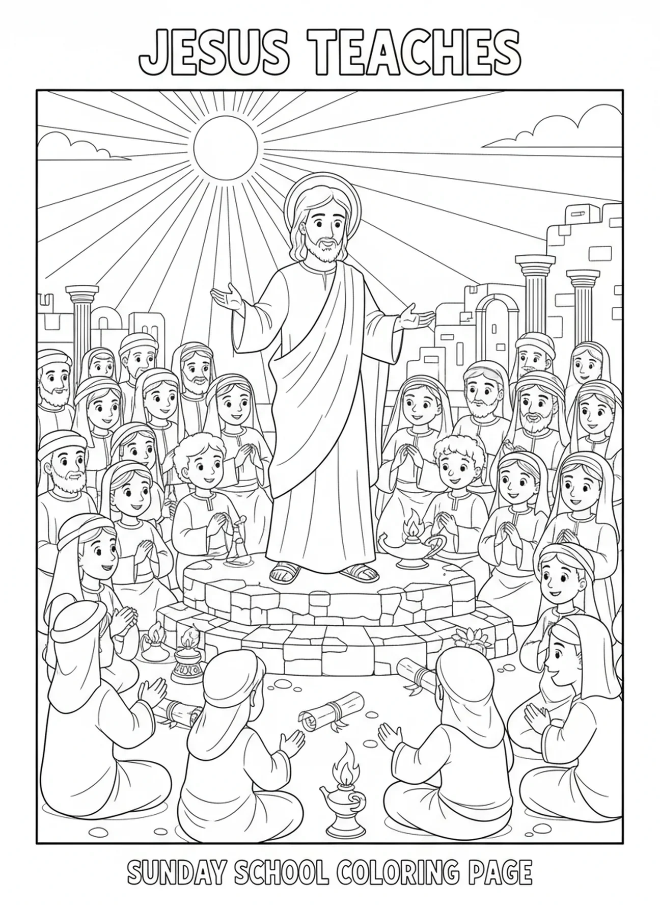 Christ enseignant aux foules, page à colorier du symbole du Christ Roi pour les enfants de l'École du dimanche âgés de 5 à 12 ans