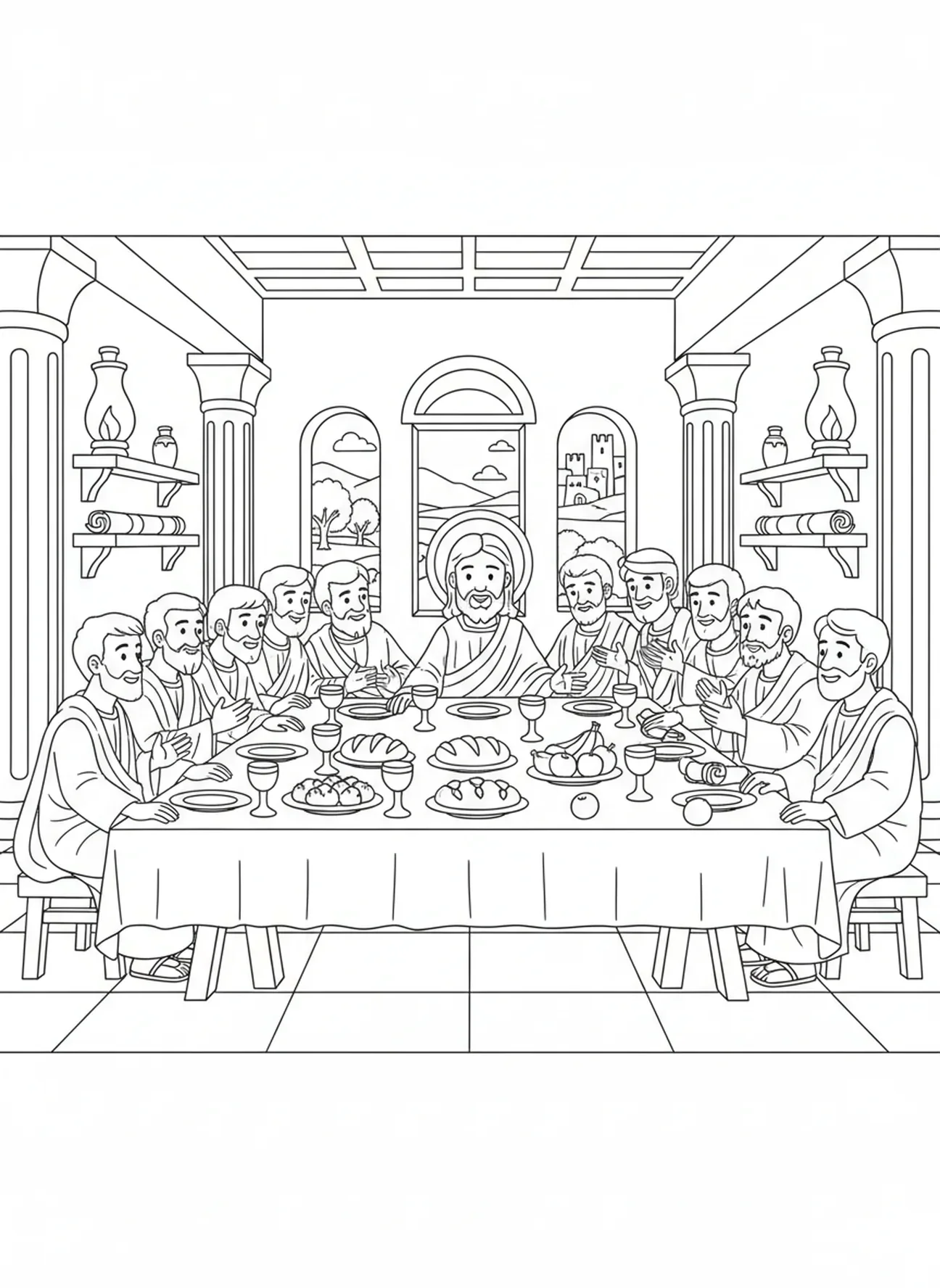 Disciples lors de la Dernière Cène, page à colorier symbole du Christ Roi pour les enfants de l'École du dimanche âgés de 5 à 12 ans