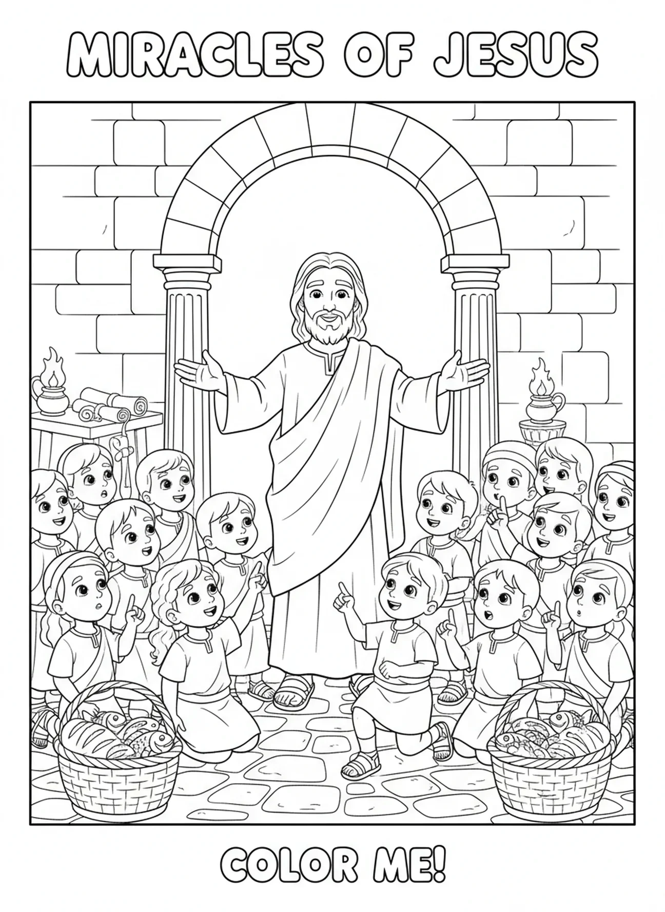 Christ réalisant des miracles, page à colorier du symbole du Christ Roi pour les enfants de l'École du dimanche âgés de 5 à 12 ans