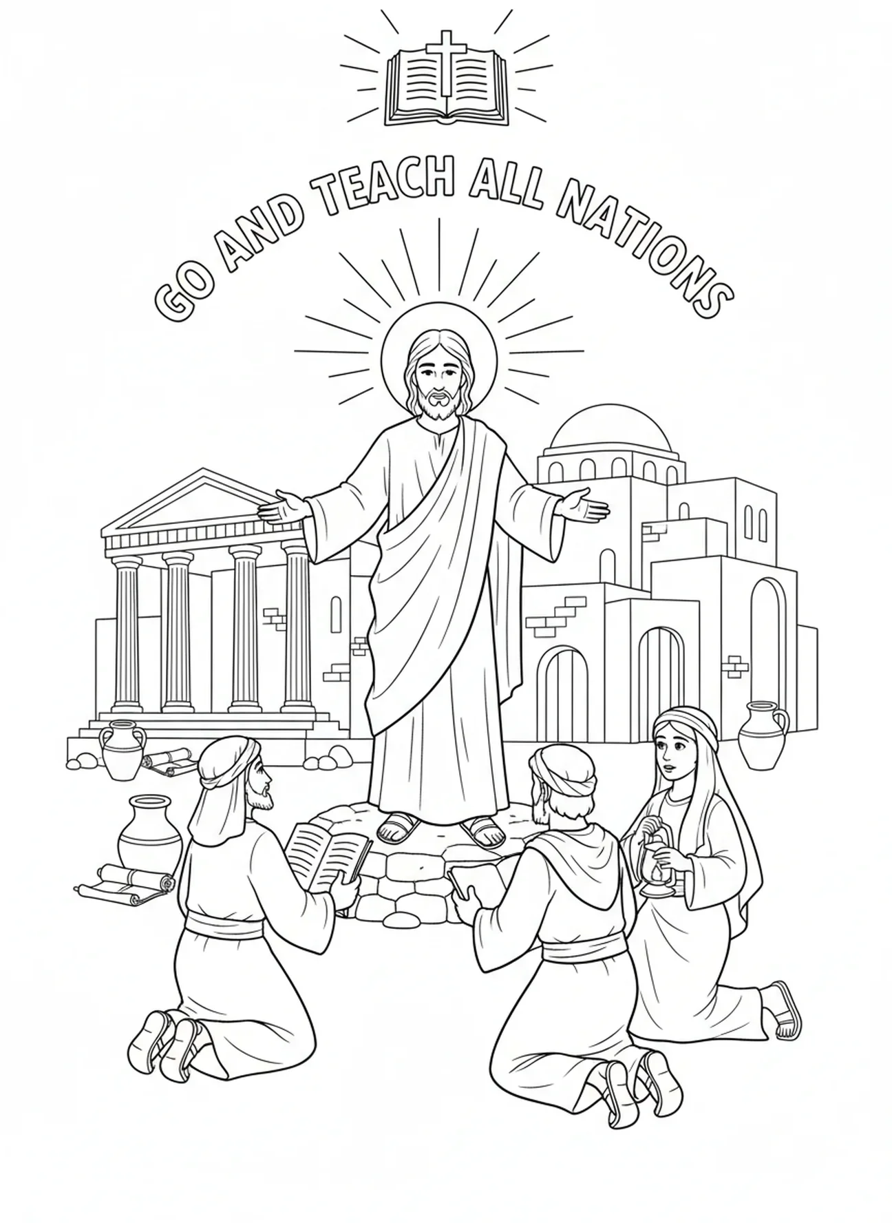 Disciples recevant la mission, page à colorier symbole du Christ Roi pour les enfants de l'École du dimanche âgés de 5 à 12 ans