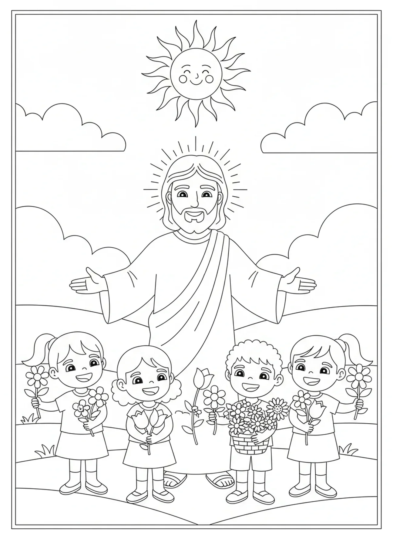 Jésus bénissant des enfants, page à colorier Christ Roi pour les enfants de 5 à 10 ans