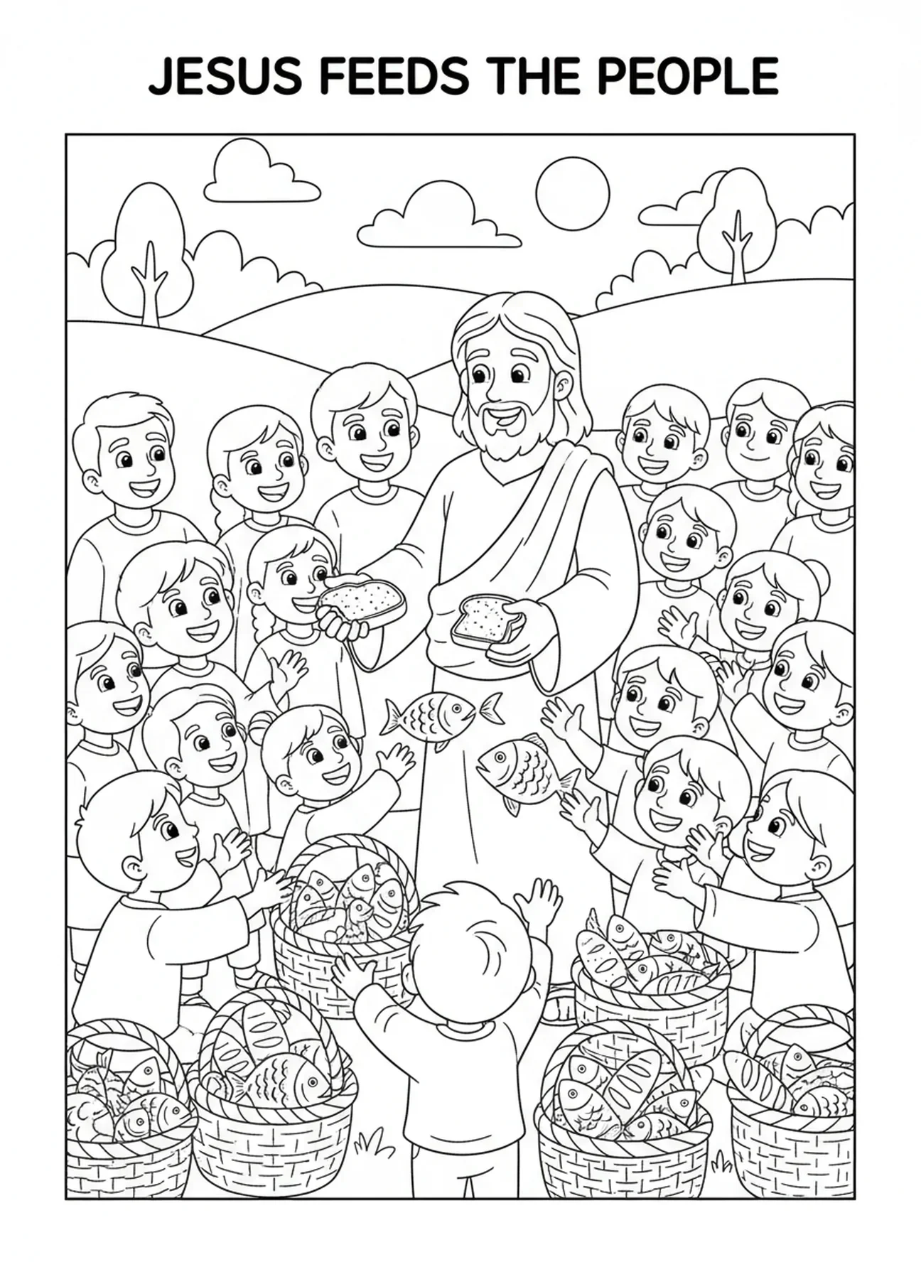 Jésus partageant de la nourriture, page à colorier Christ Roi pour les enfants de 5 à 10 ans