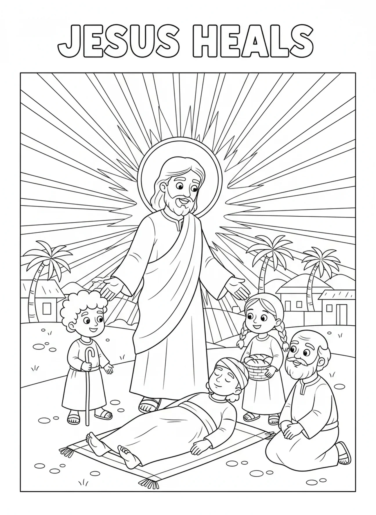 Jésus guérissant les malades, page à colorier du Christ Roi pour les enfants de 5 à 10 ans