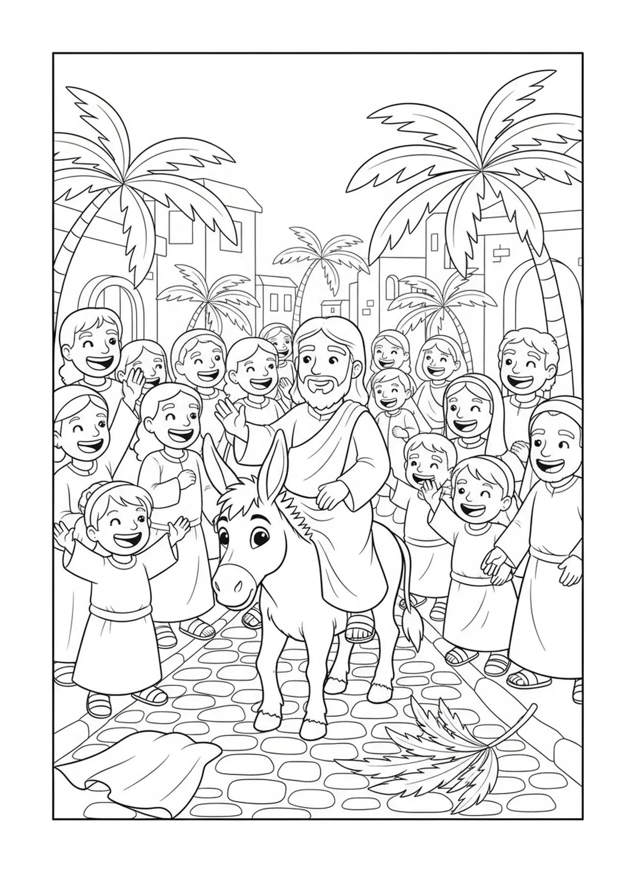 Jésus sur un âne, page à colorier Christ Roi pour les enfants de 5 à 10 ans