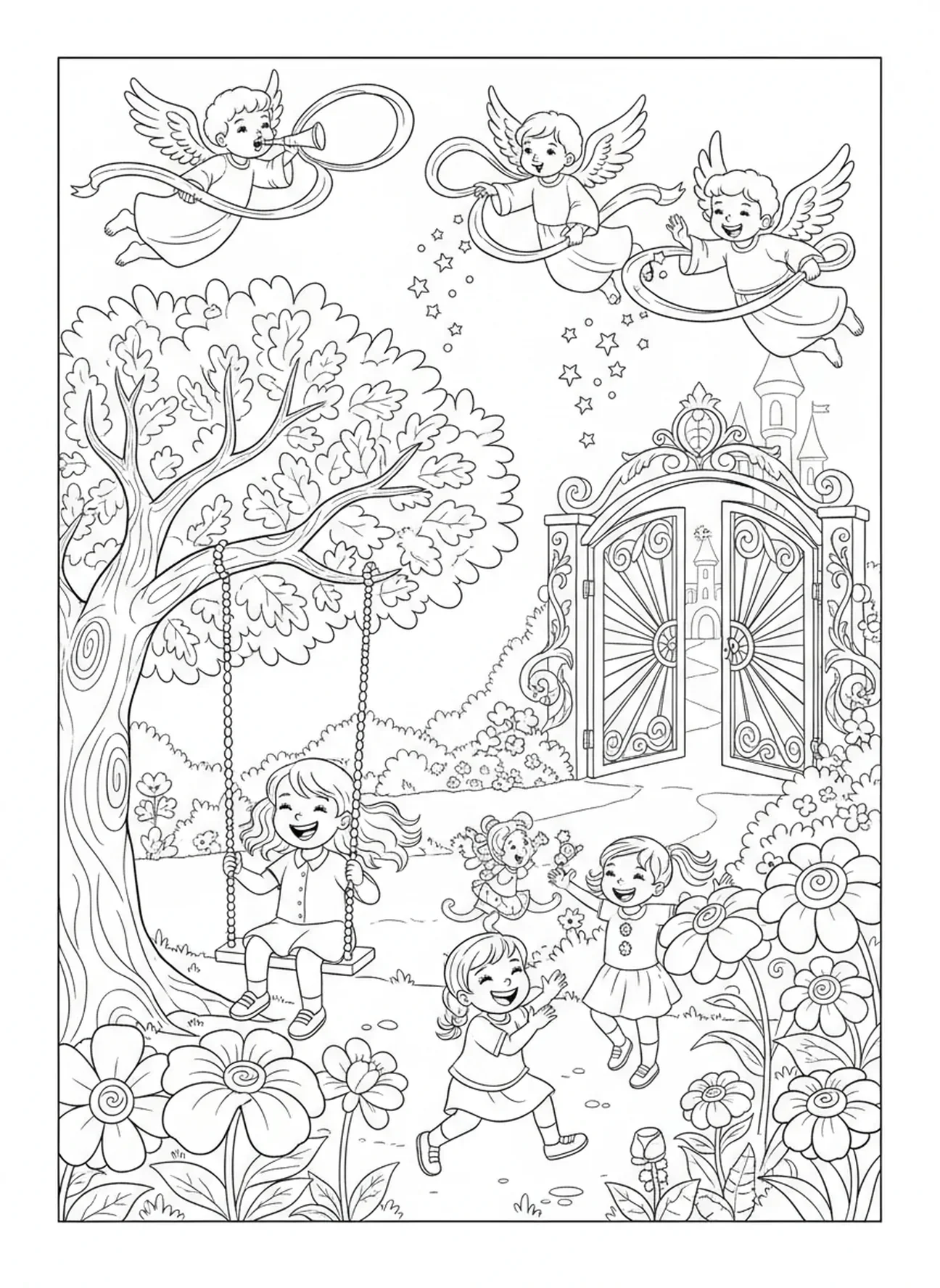 Jardin du ciel, page à colorier du Christ Roi pour les enfants de 5 à 10 ans