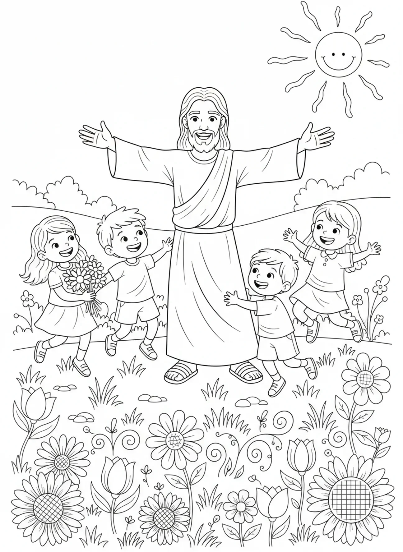 Jesus segnet Kinder, Ausmalbild für Fronleichnam für Kinder im Alter von 5-10 Jahren