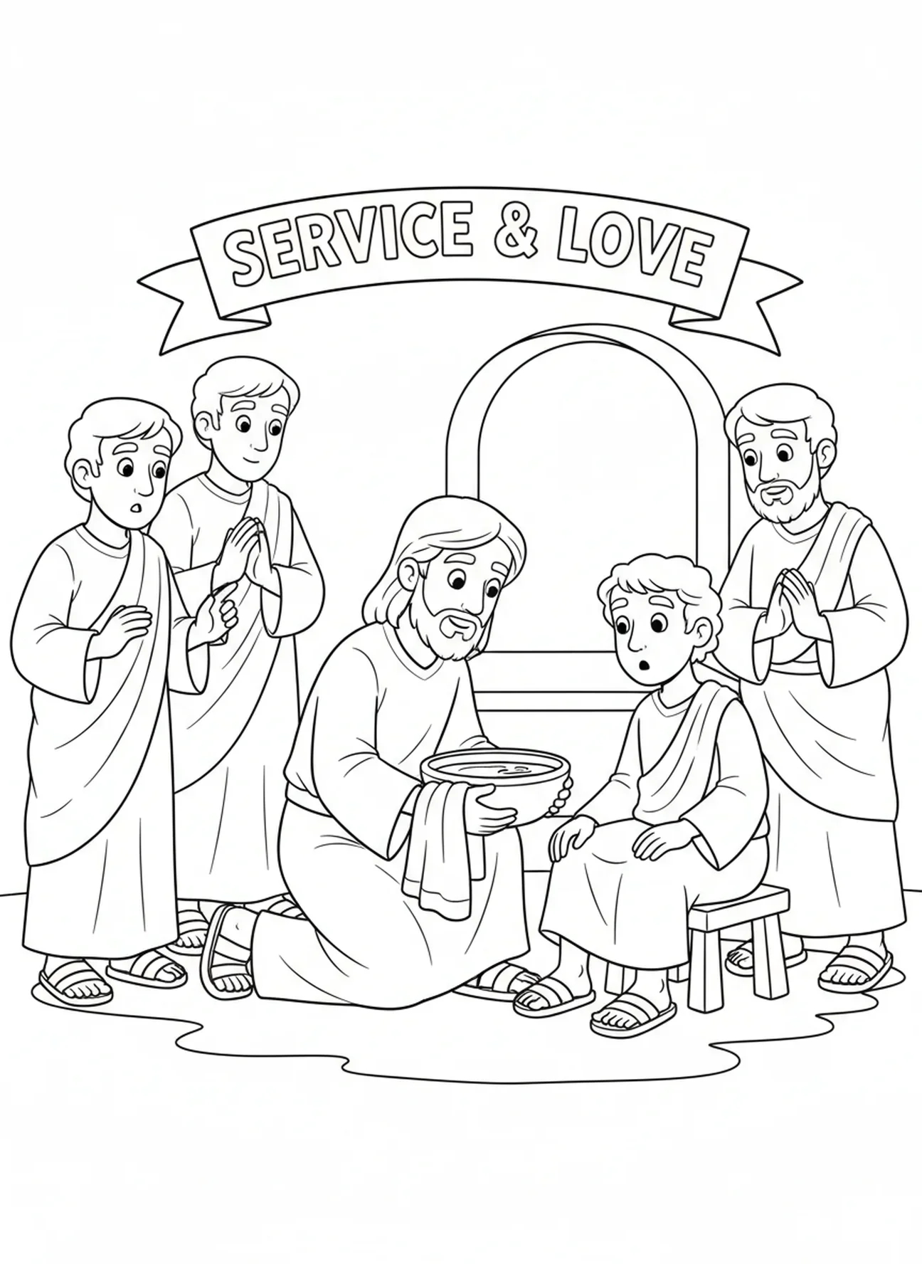 Jesus wäscht die Füße, Corpus Christi Malvorlage für Kinder im Alter von 5-10 Jahren
