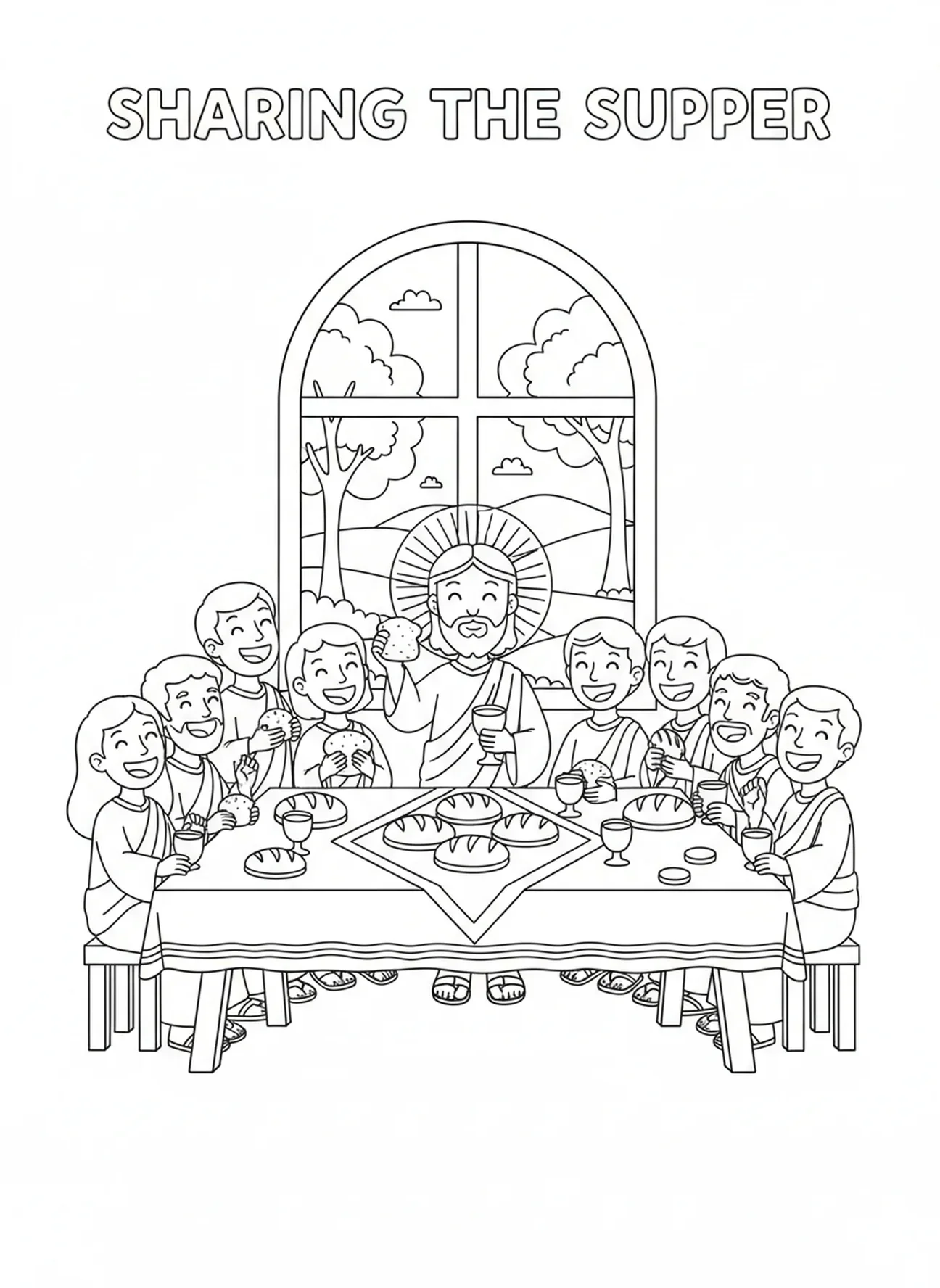 Jesus mit seinen Jüngern, Ausmalbild zu Fronleichnam für Kinder im Alter von 5-10 Jahren