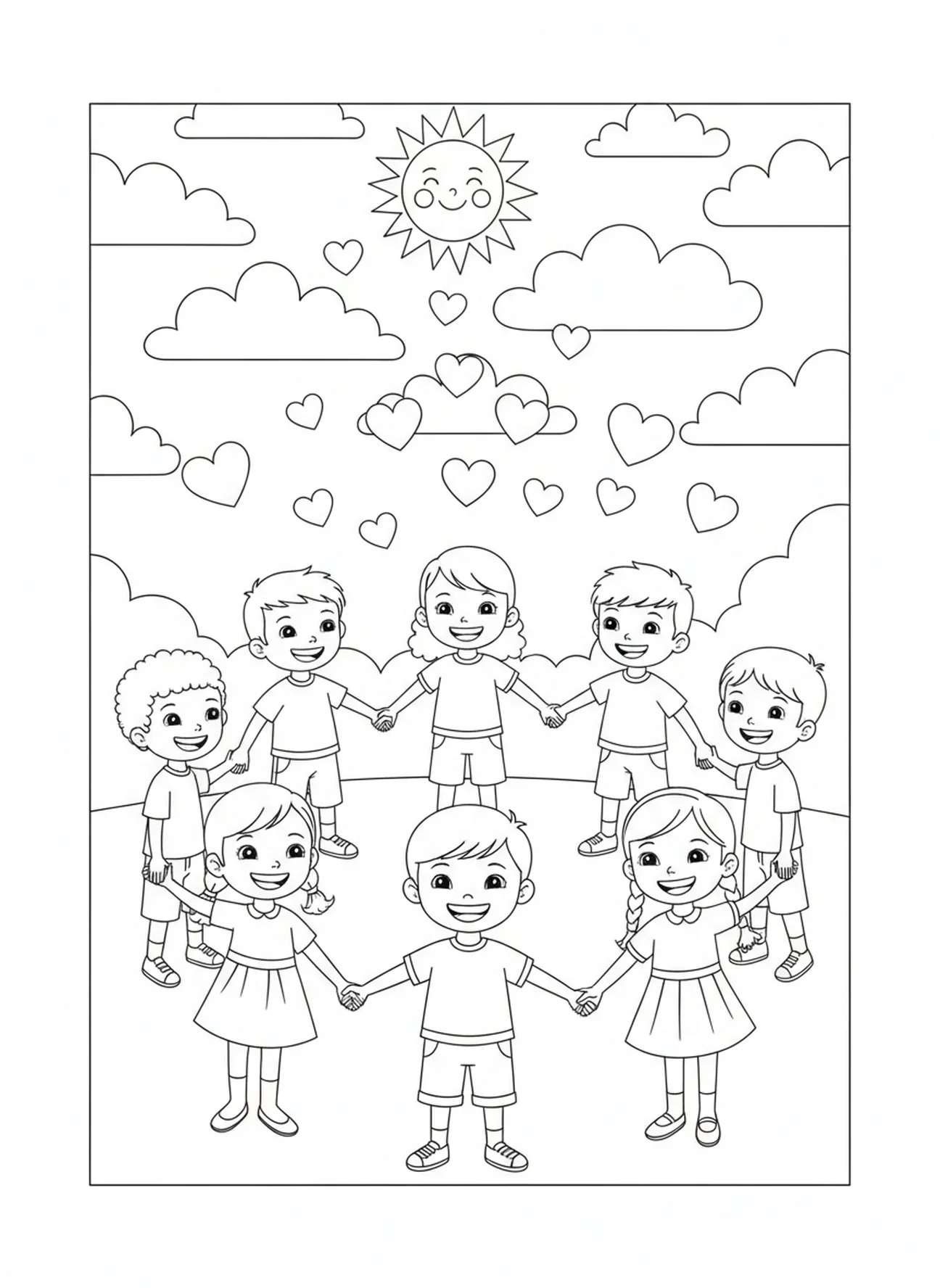 Crianças diversas de mãos dadas em círculo, página para colorir do Domingo da Misericórdia para crianças de 5 a 10 anos