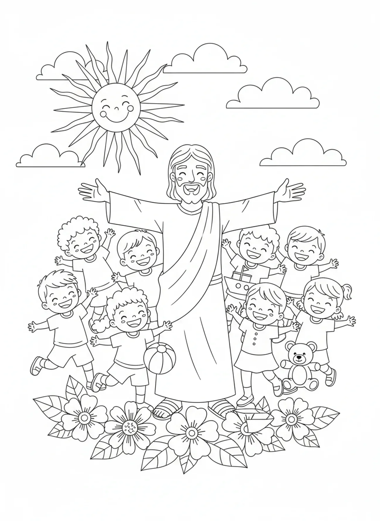Jesus cercado por crianças, página de colorir para o Domingo da Misericórdia para crianças de 5 a 10 anos